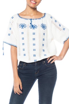 1960S Blue & White Hand Embroidered Cotton Blend Boho European Short Sleeve Top