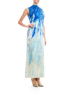 1960S Blue & White Haute Couture Silk Duchess Satin Cut Velvet Gown With Bows