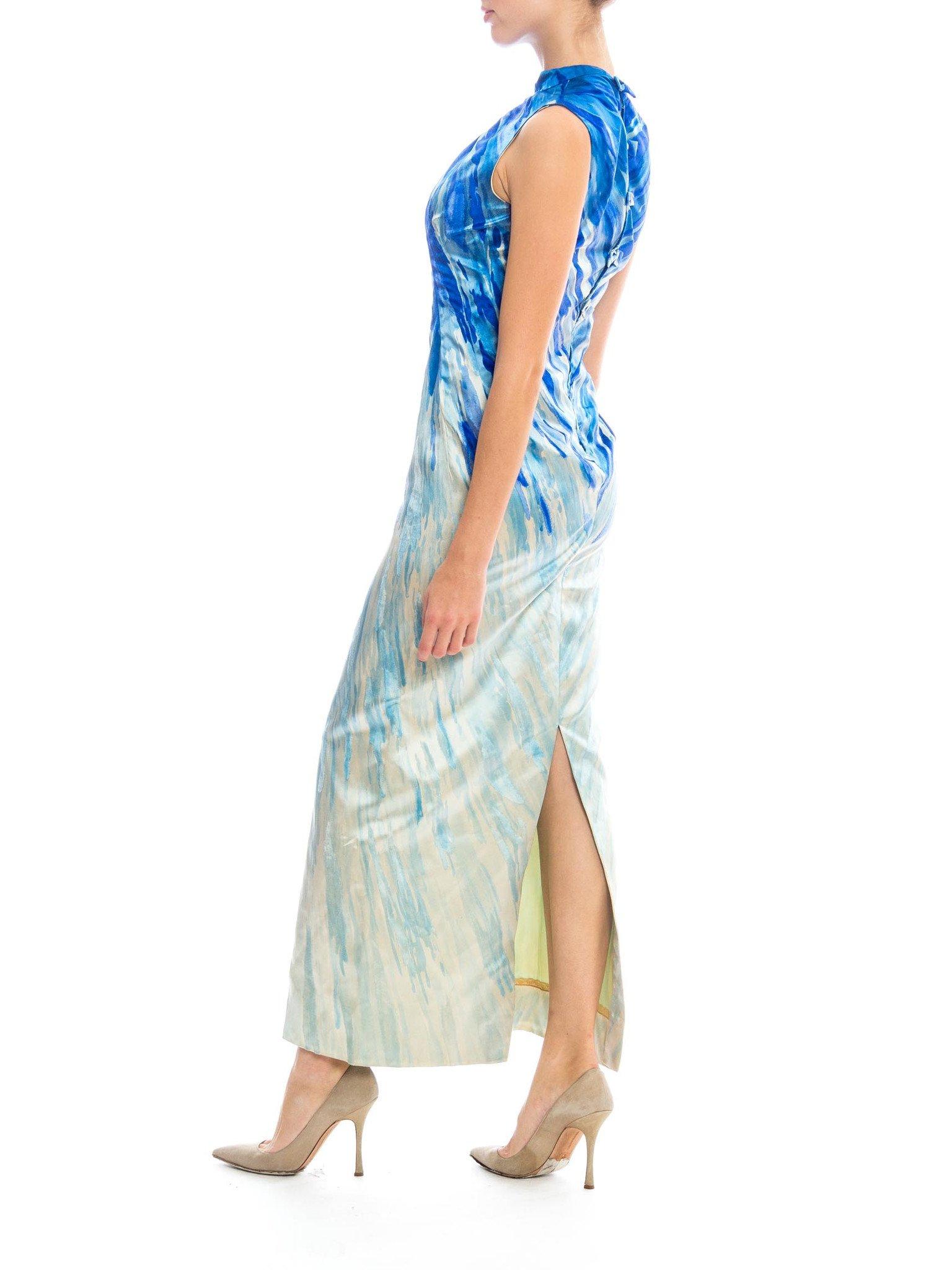 Blau-weißes Haute Couture Seidenkleid der Herzogin aus Satin und Samt mit Schleifen aus den 1960er Jahren Damen im Angebot