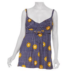 Vintage 1960S Blue & Yellow Polyester Jersey Floral Polka Dot Front Tie Dress With Adju