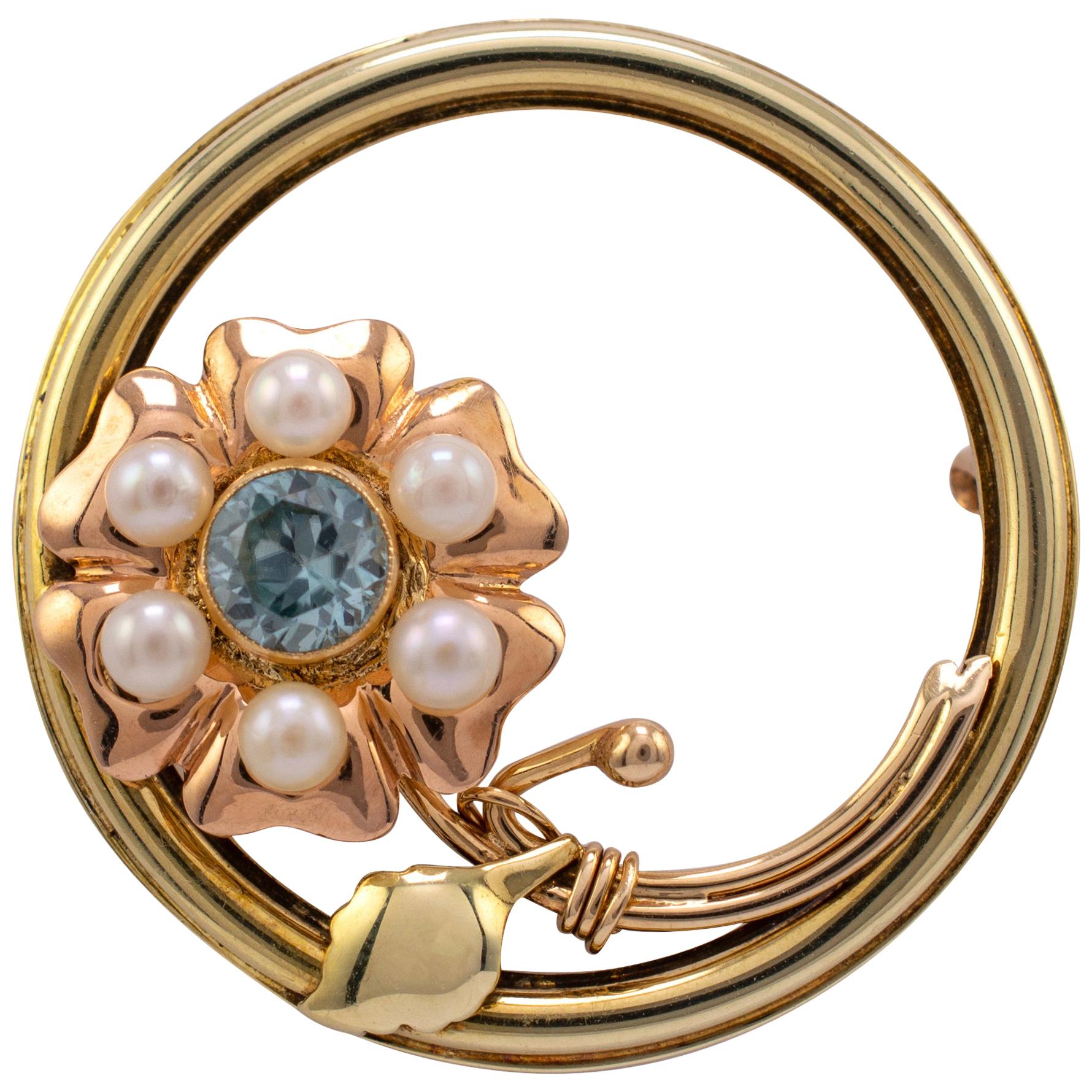 1960s Blue Zircon and Pearl Flower Brooch, Two Color Rose Yellow Gold