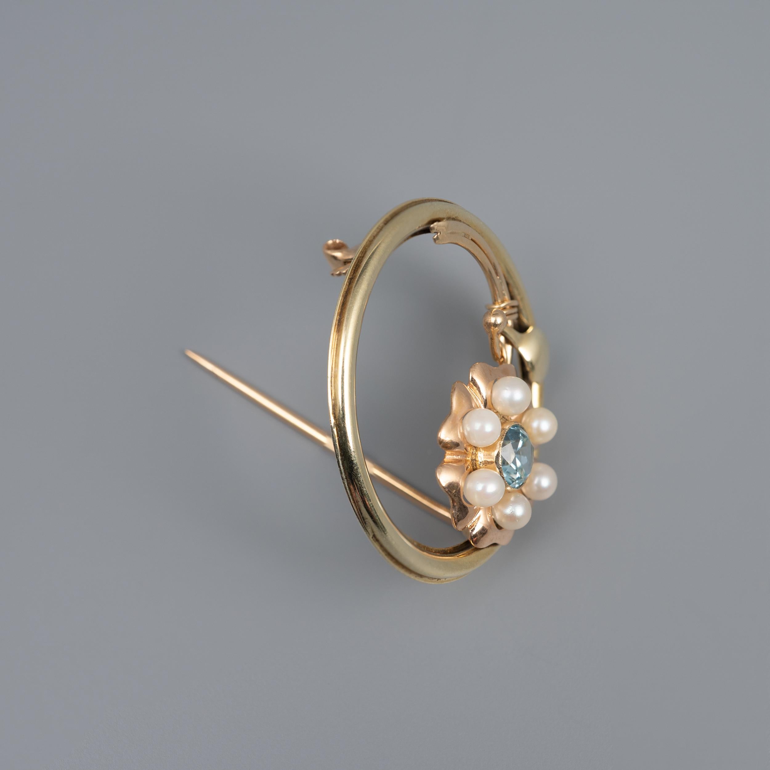 Art Nouveau 1960s Blue Zircon and Pearl Flower Brooch, Two Color Rose Yellow Gold