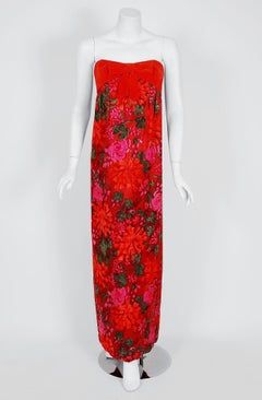 Vintage 1960's Bob Bugnand Red & Orange Floral Flocked Satin Strapless Gown
