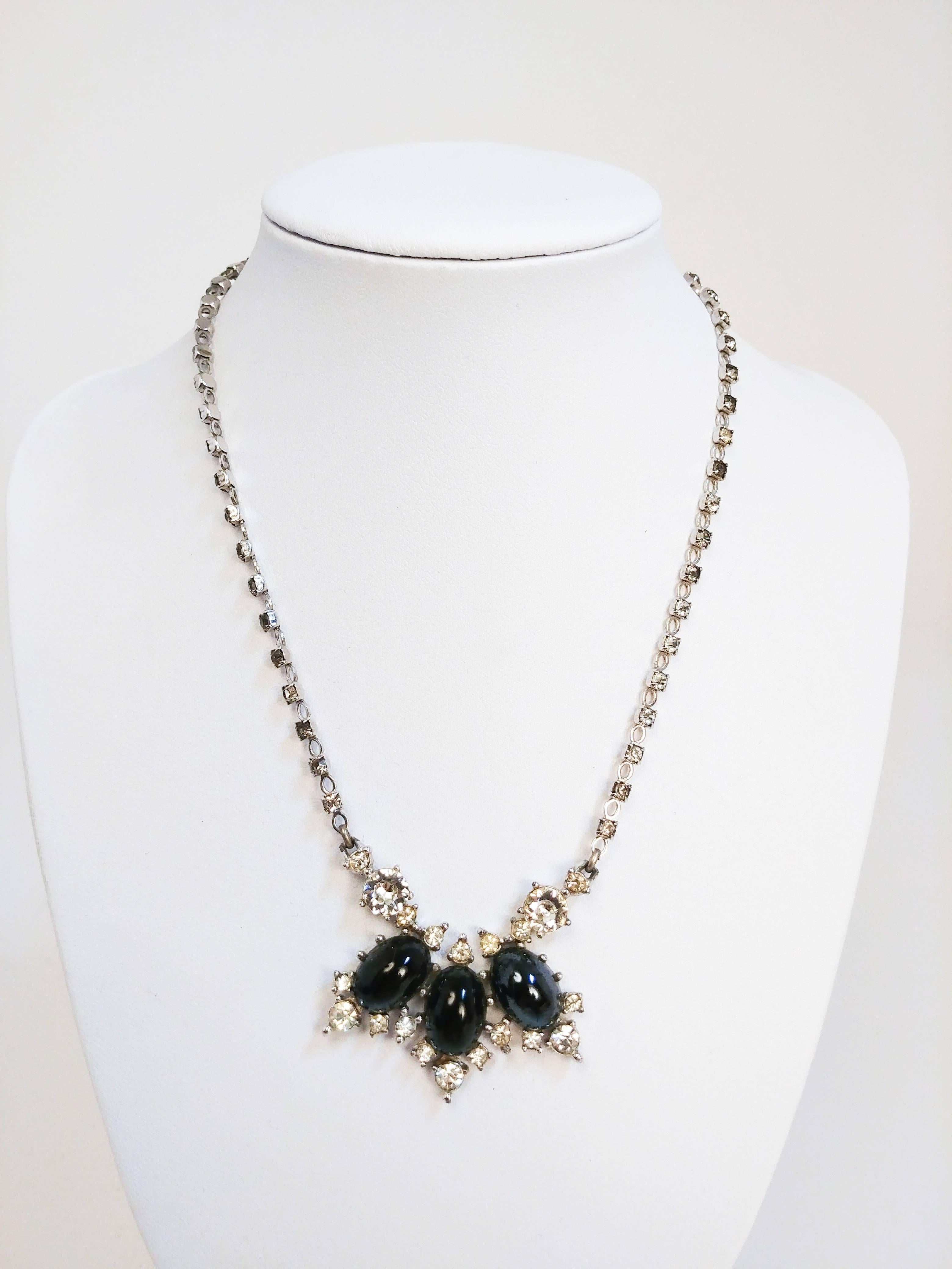 1960s Bogoff Black stone & clear rhinestone Necklace. Signed Bogoff silver tone necklace with clear rhinestones and black glass cobochon. Adjustable hook closure