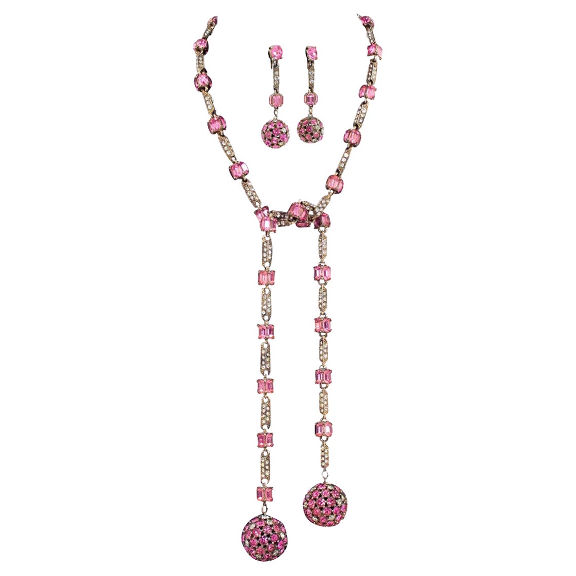 1960s Bogoff Pink Rhinestone Lariat & Earring Set