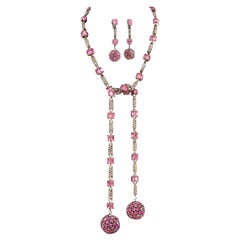 1960er Bogoff Rosa Strass Lariat & Ohrring Set mit Strass