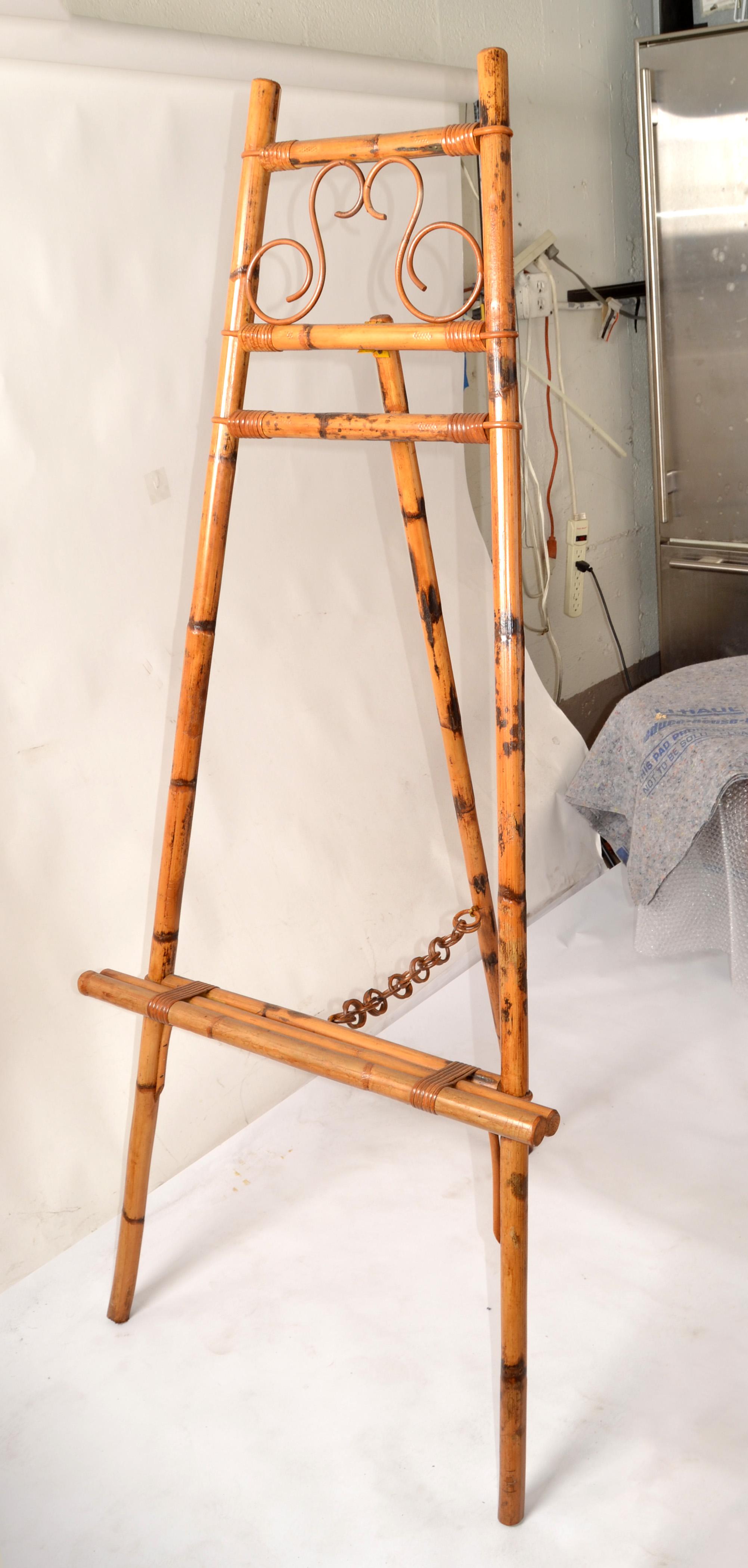 American 1960s Bohemian Tall Tiger Bamboo Easel British Colonial Style For Sale