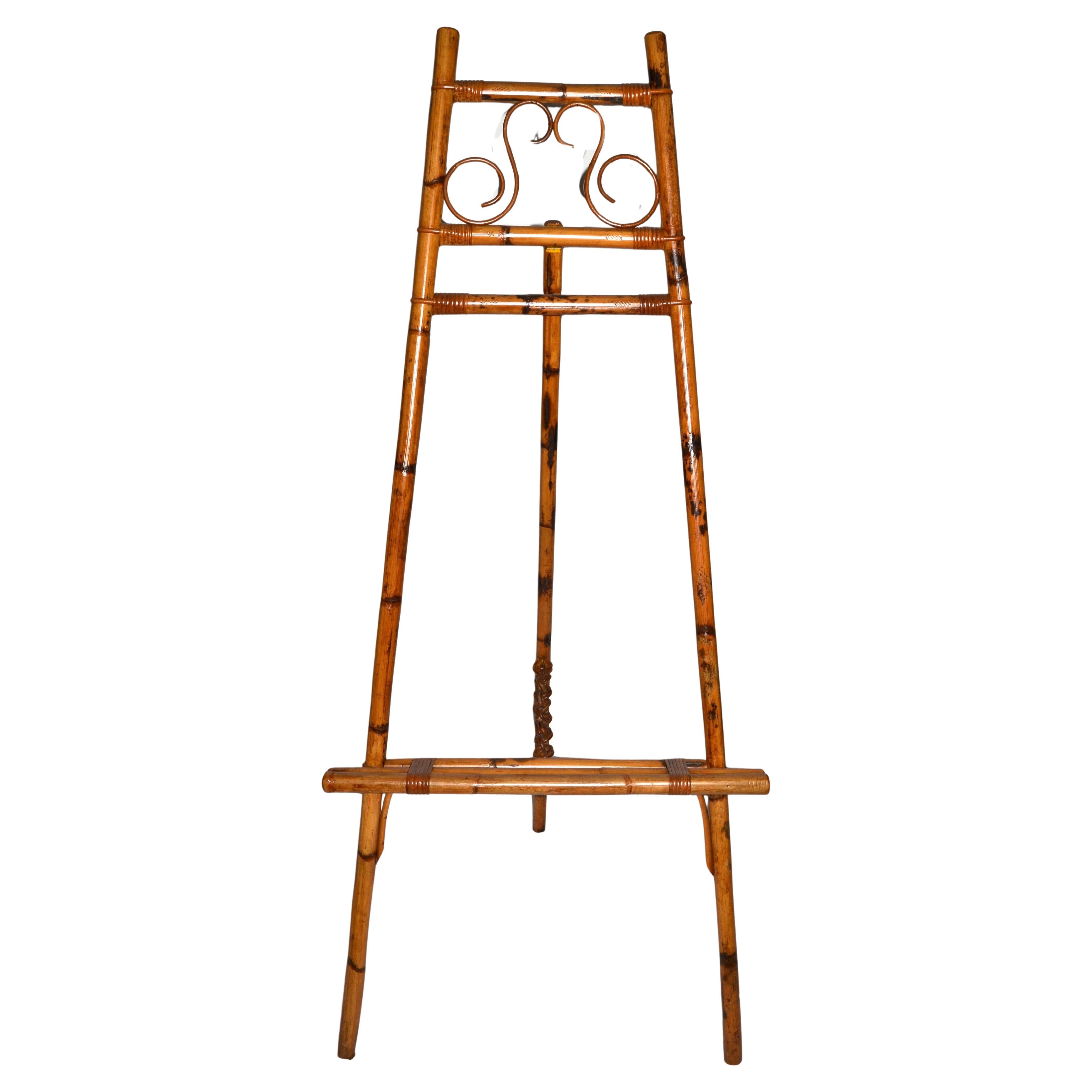 1960s Bohemian Tall Tiger Bamboo Easel British Colonial Style For Sale