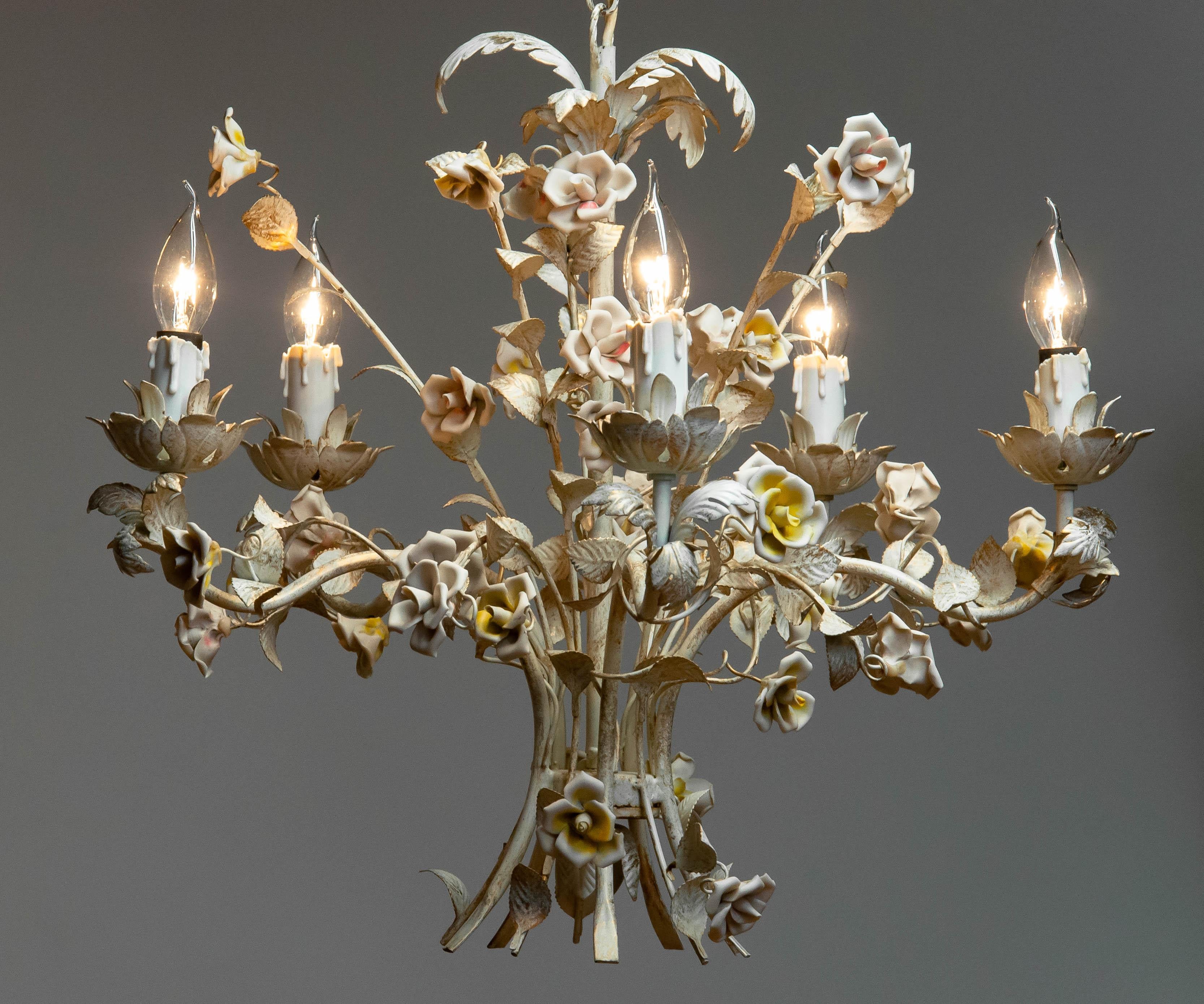 Mid-20th Century 1960s Boho Chic Italian Pastel Color Painted Metal Chandelier With Floral Decor For Sale