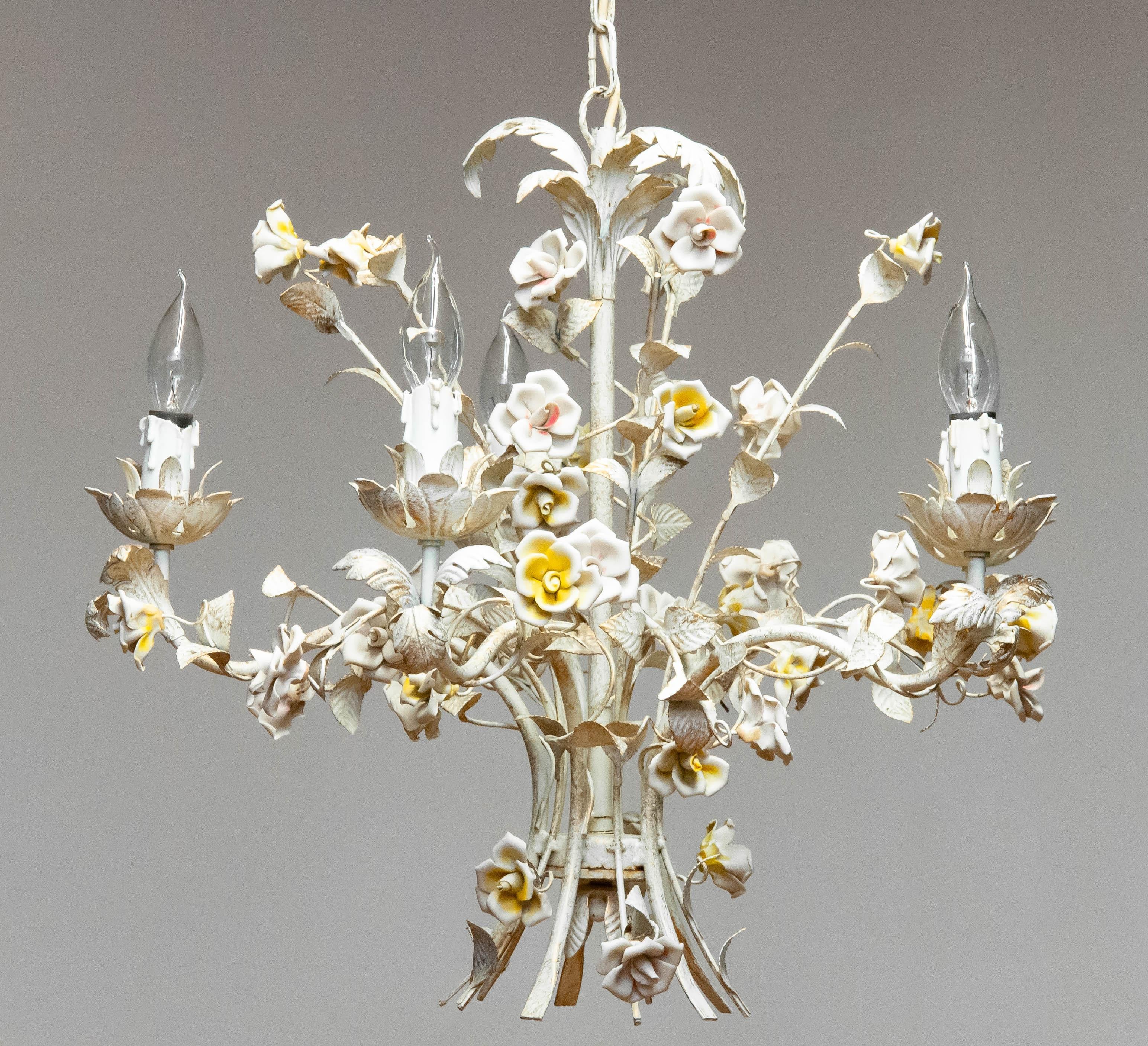 1960s Boho Chic Italian Pastel Color Painted Metal Chandelier With Floral Decor For Sale 1