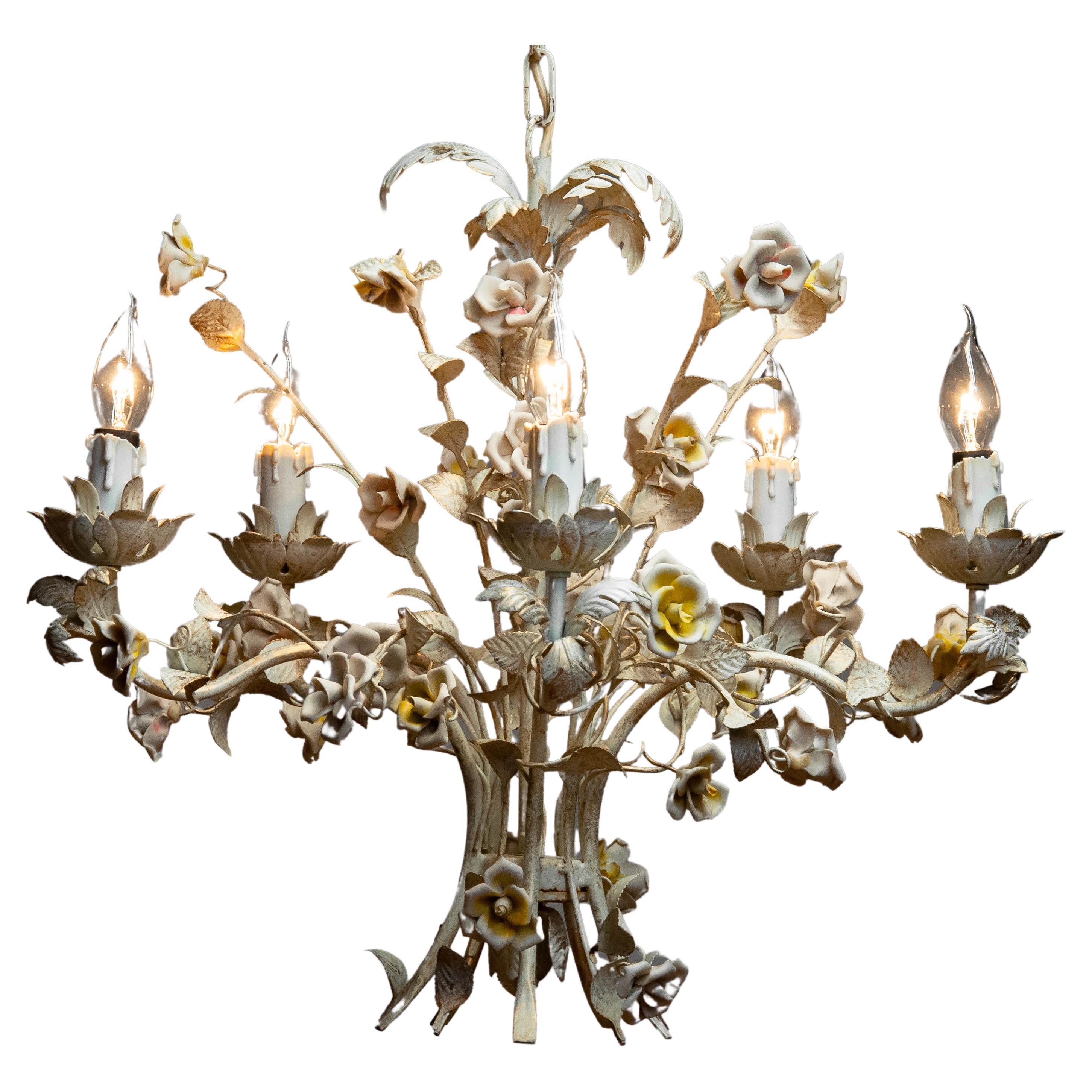 1960s Boho Chic Italian Pastel Color Painted Metal Chandelier With Floral Decor
