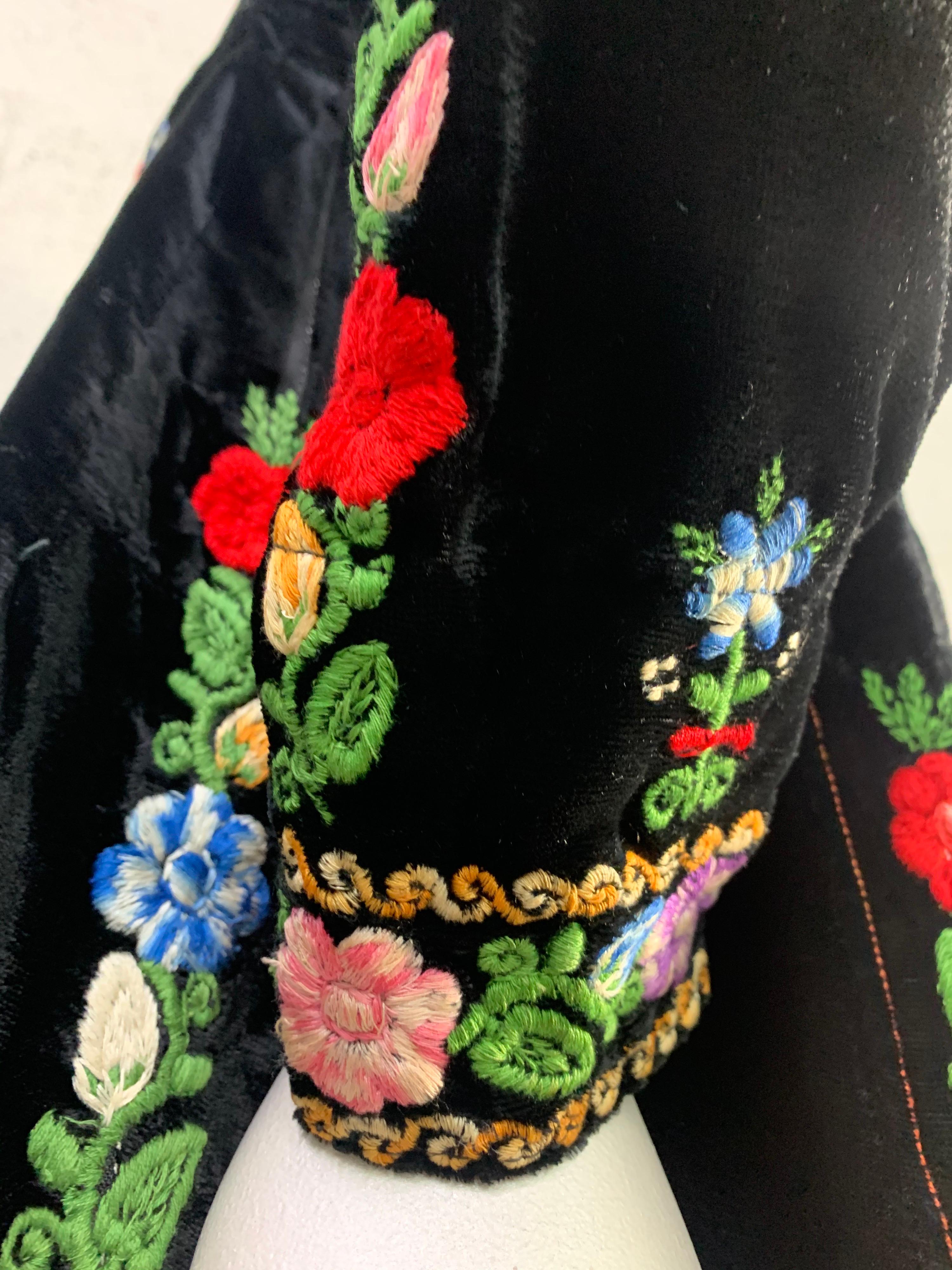 1960s Boho Renaissance-Styled Black Velvet Dress w/ Floral Embroidery Panels.  3