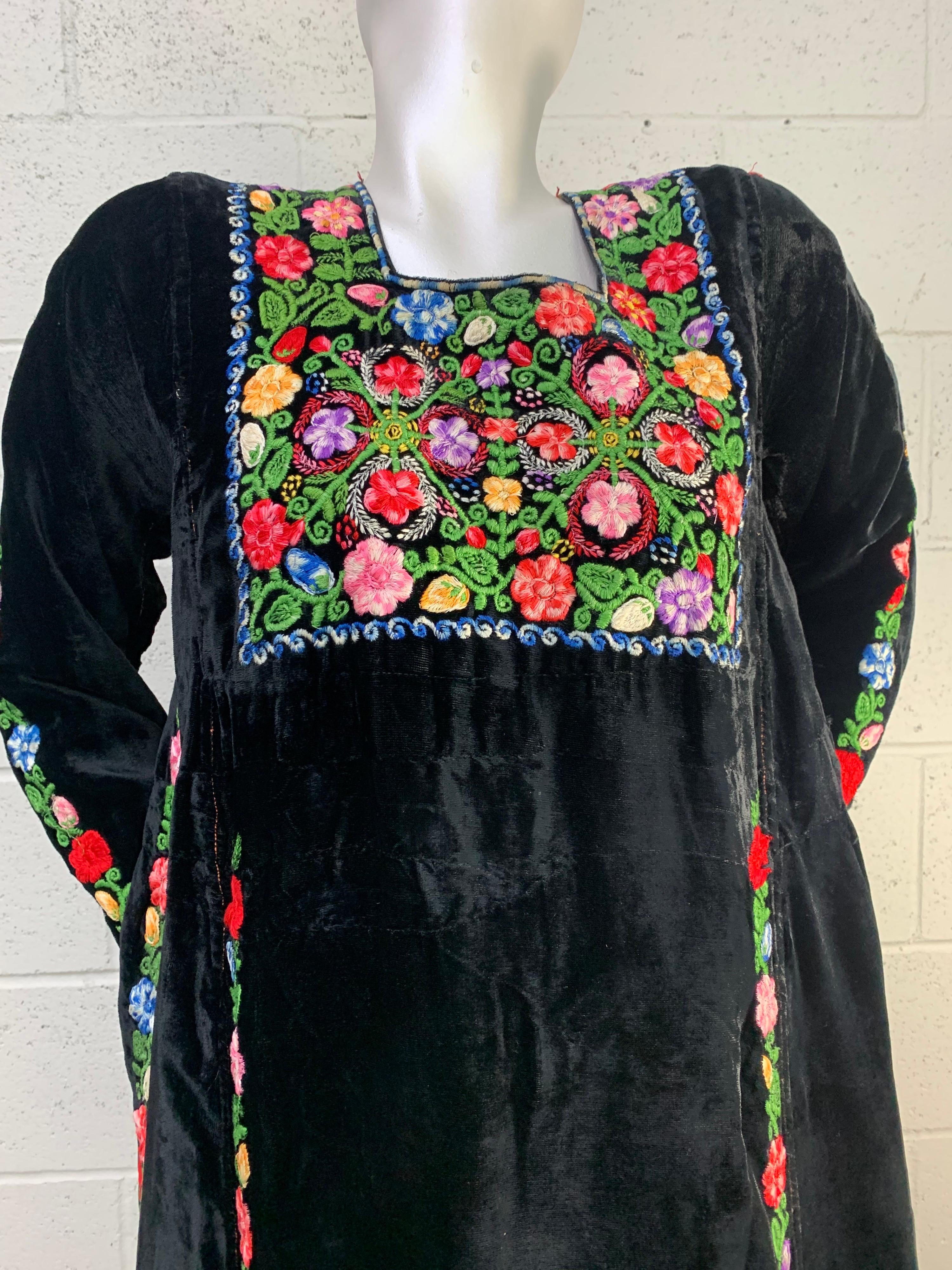 1960s Boho Renaissance-Styled Black Velvet Dress w/ Floral Embroidery Panels.  5