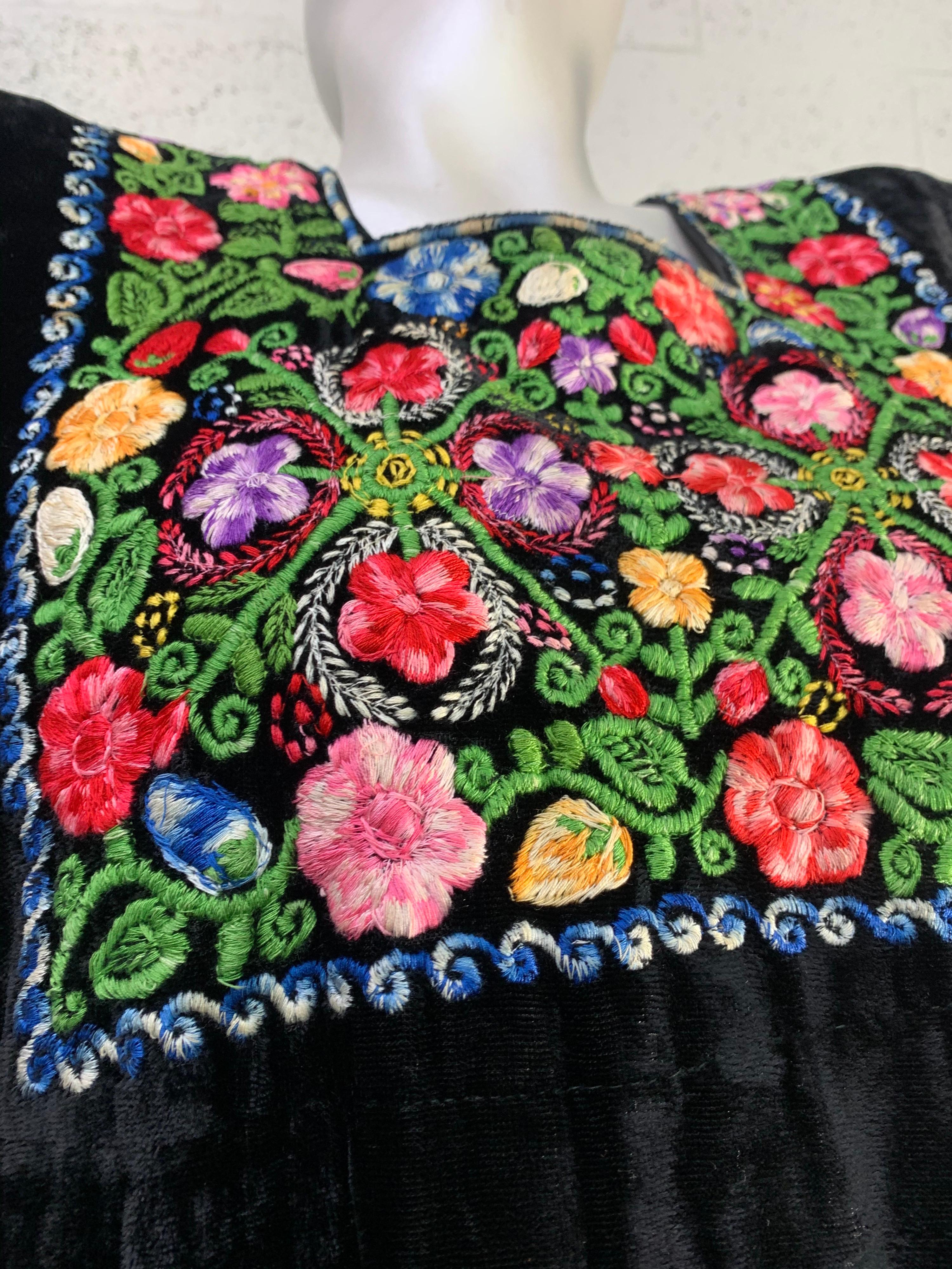 1960s Boho Renaissance-Styled Black Velvet Dress w/ Floral Embroidery Panels.  6