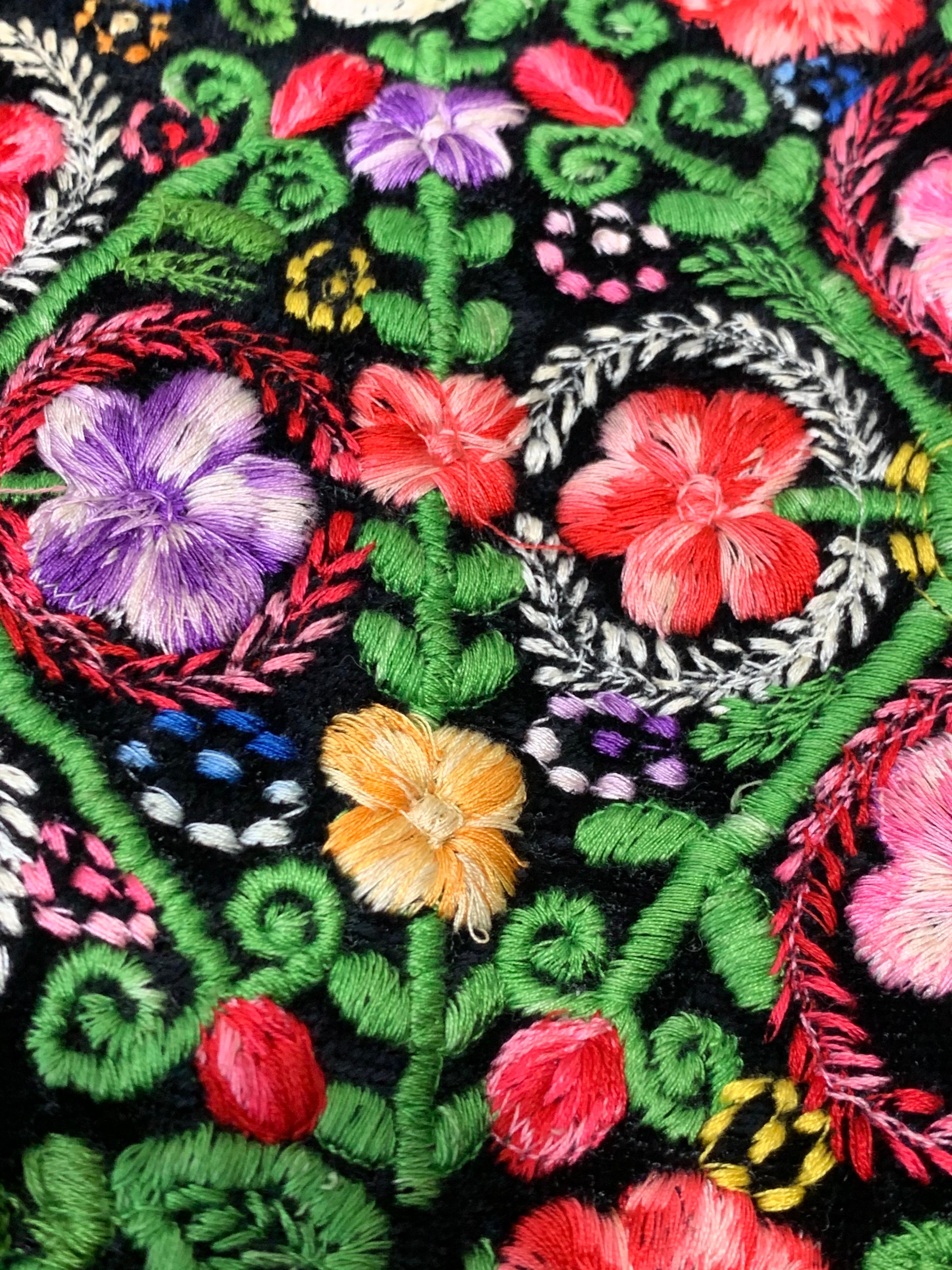 1960s Boho Renaissance-Styled Black Velvet Dress w/ Floral Embroidery Panels.  8