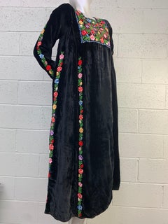 1960s Boho Renaissance-Styled Black Velvet Dress w/ Floral Embroidery Panels.