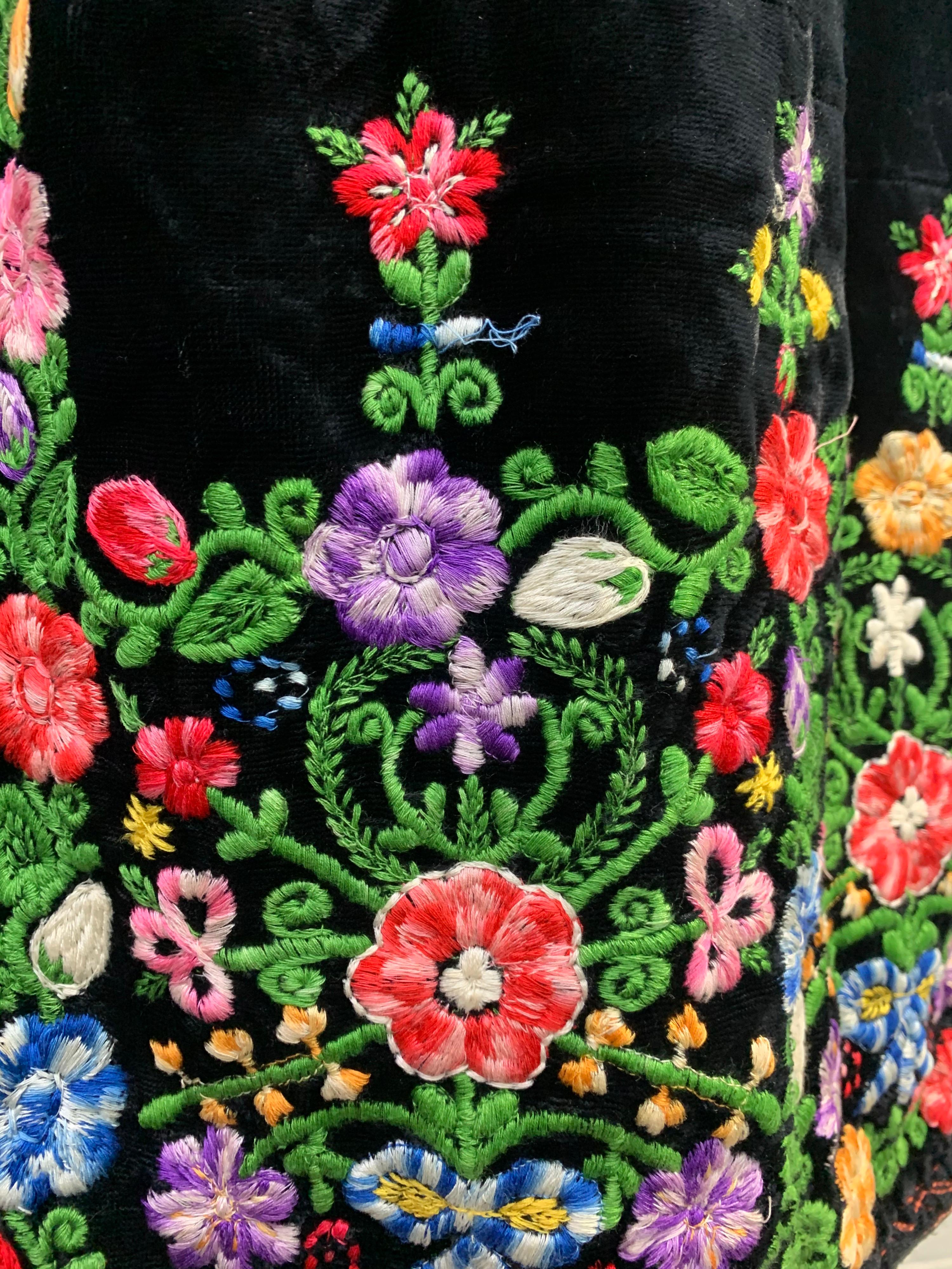 1960s Boho Renaissance-Styled Black Velvet Dress w/ Floral Embroidery Panels.  1