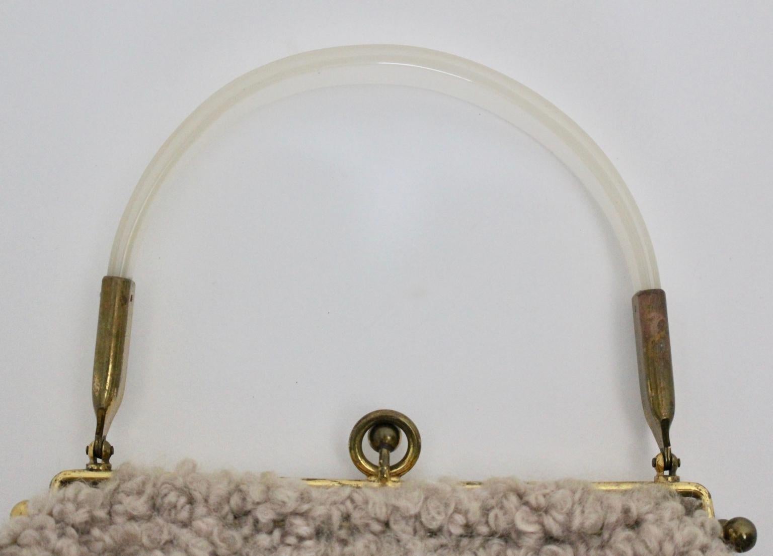 Women's 1960s Boho Vintage Handle Handbag Brown Wool Metal Closure Plastic Handle Italy For Sale