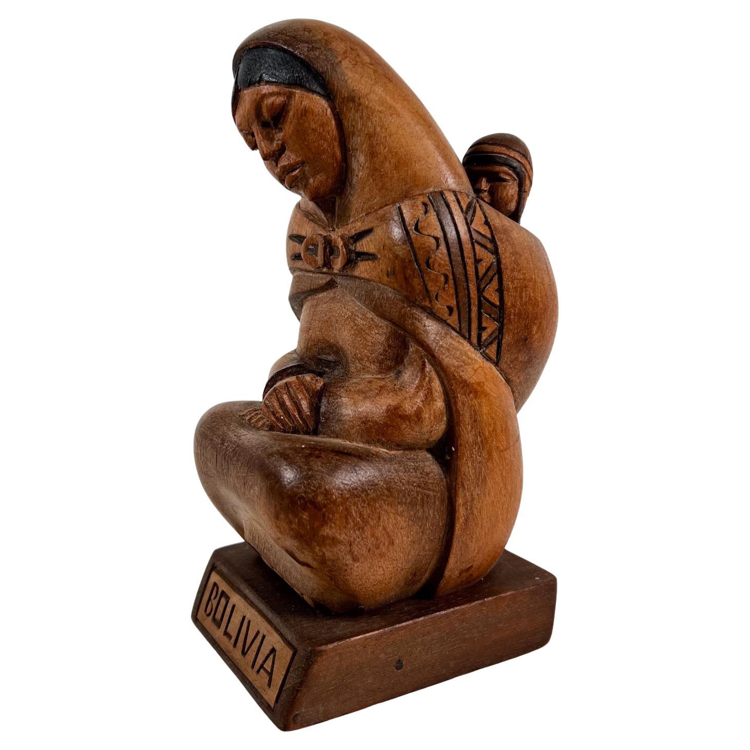 1960s Bolivia Wood Hand Carving Mother and Child