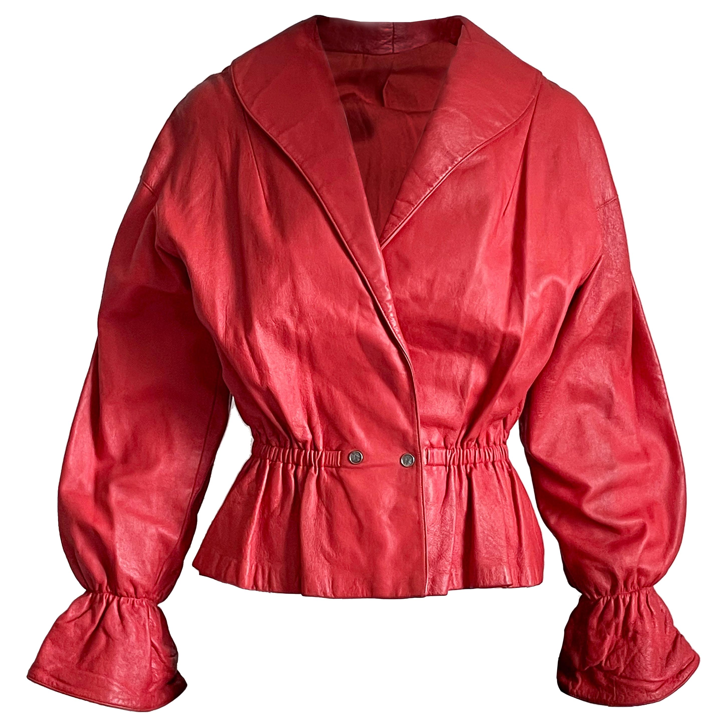 1960s Bonnie Cashin for Sills Red Leather Jacket Dolman Sleeves Shawl Collar HTF