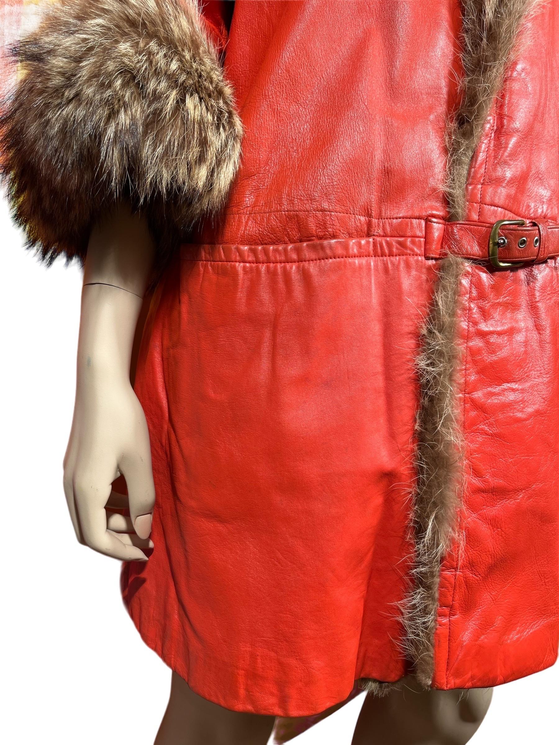 1960's BONNIE CASHIN Sills Orange Leather & Racoon Fur Coat In Fair Condition In Greenport, NY