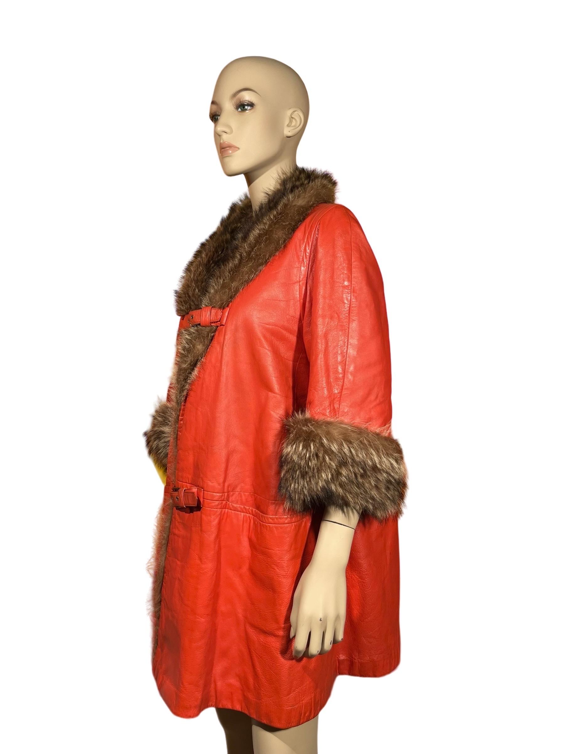 1960's BONNIE CASHIN Sills Orange Leather & Racoon Fur Coat 2