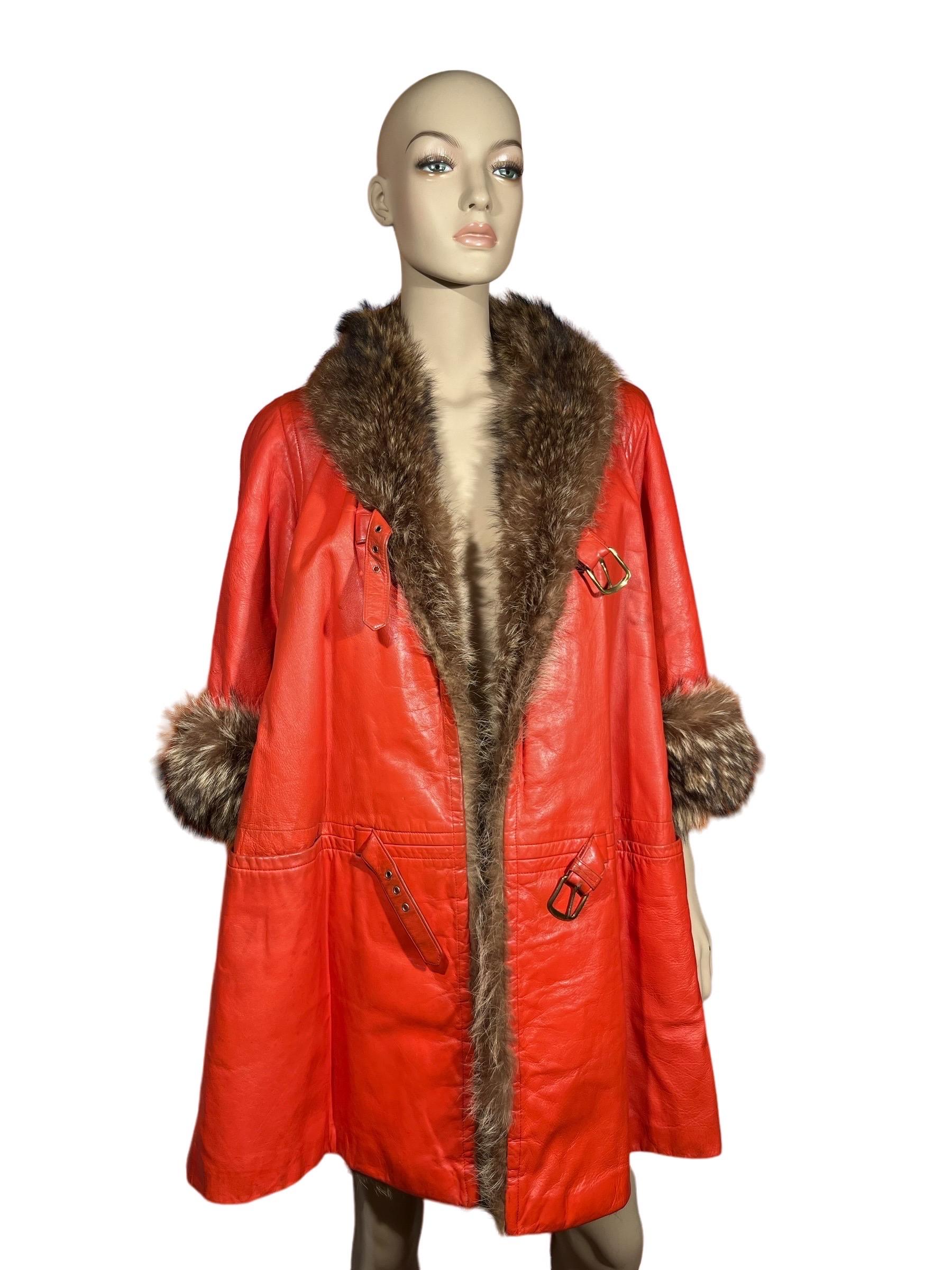 1960's BONNIE CASHIN Sills Orange Leather & Racoon Fur Coat 4