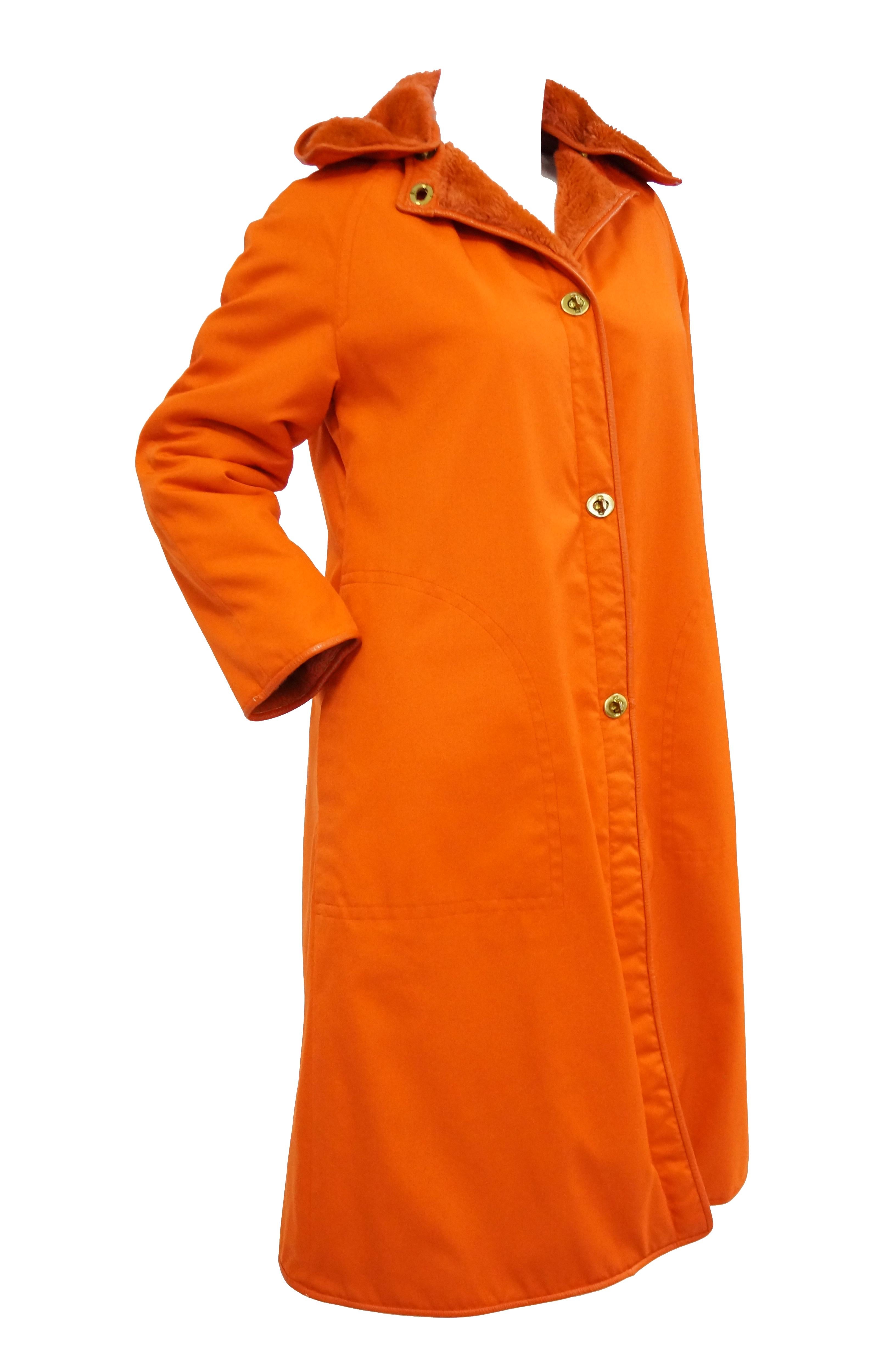 1960s Bonnie Cashin Tangerine Yellow Canvas and Leather Coat & Skirt Set For Sale 2