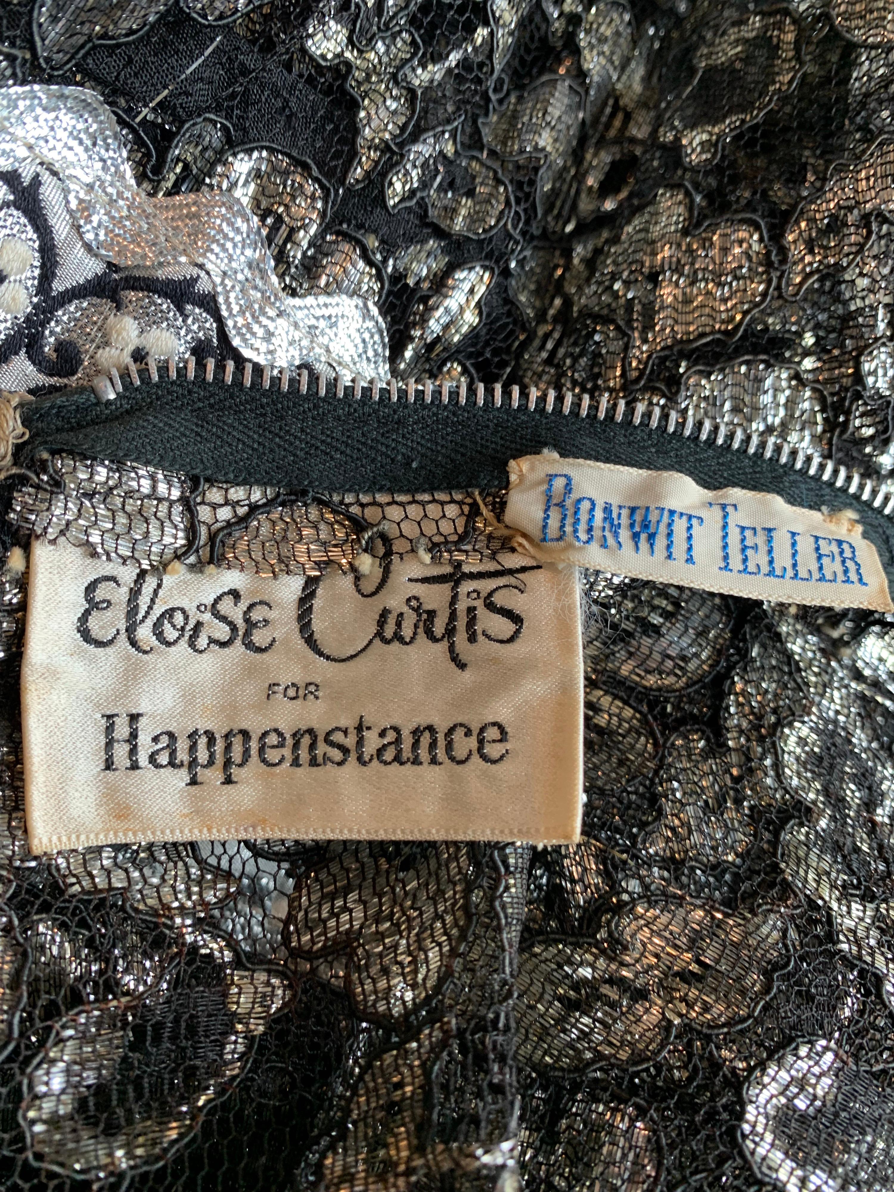 1960s Bonwit Teller Black & Silver Floral Lace Maxi Dress W/ Ribbon Empire Waist 13