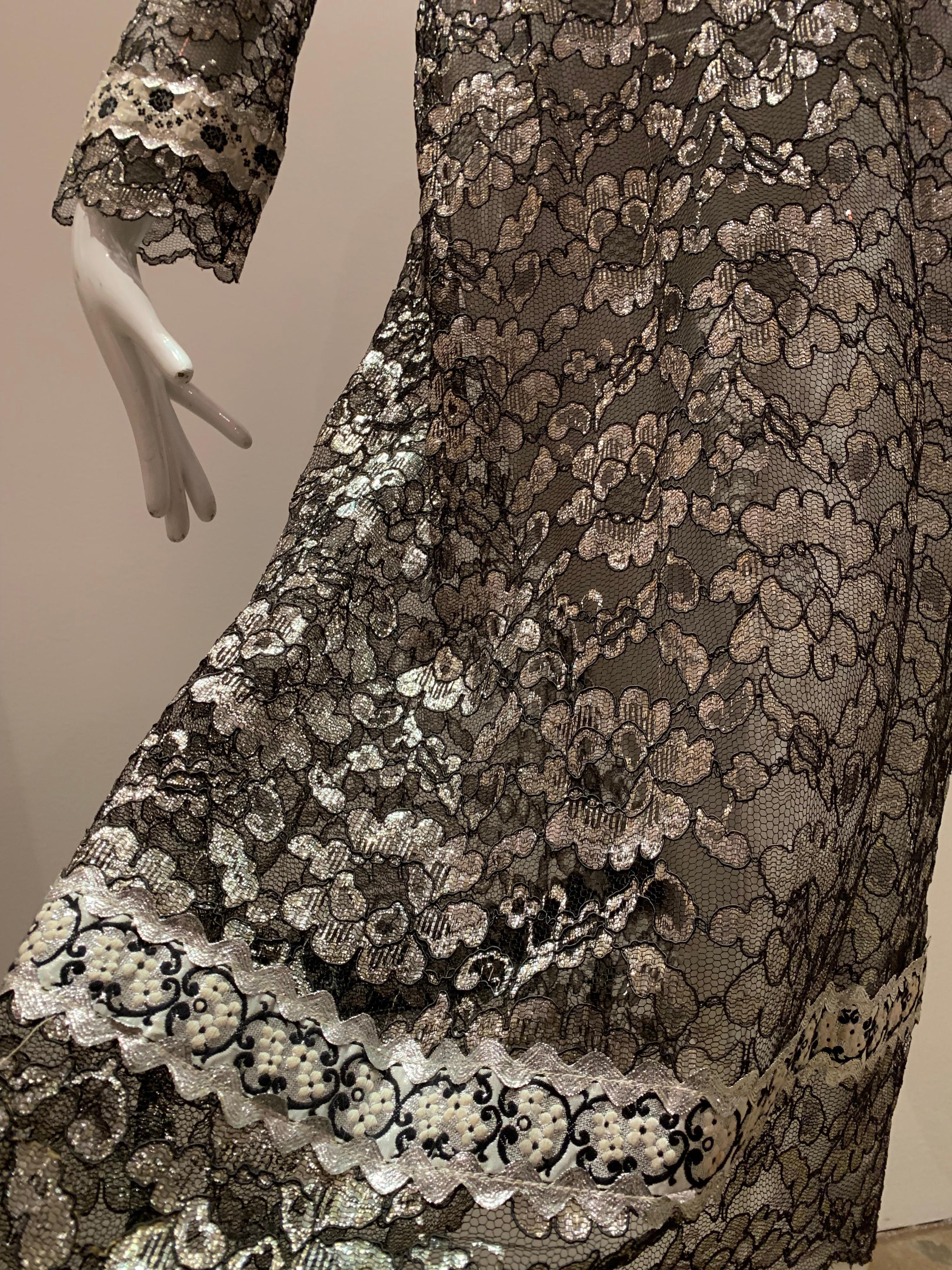 Women's 1960s Bonwit Teller Black & Silver Floral Lace Maxi Dress W/ Ribbon Empire Waist