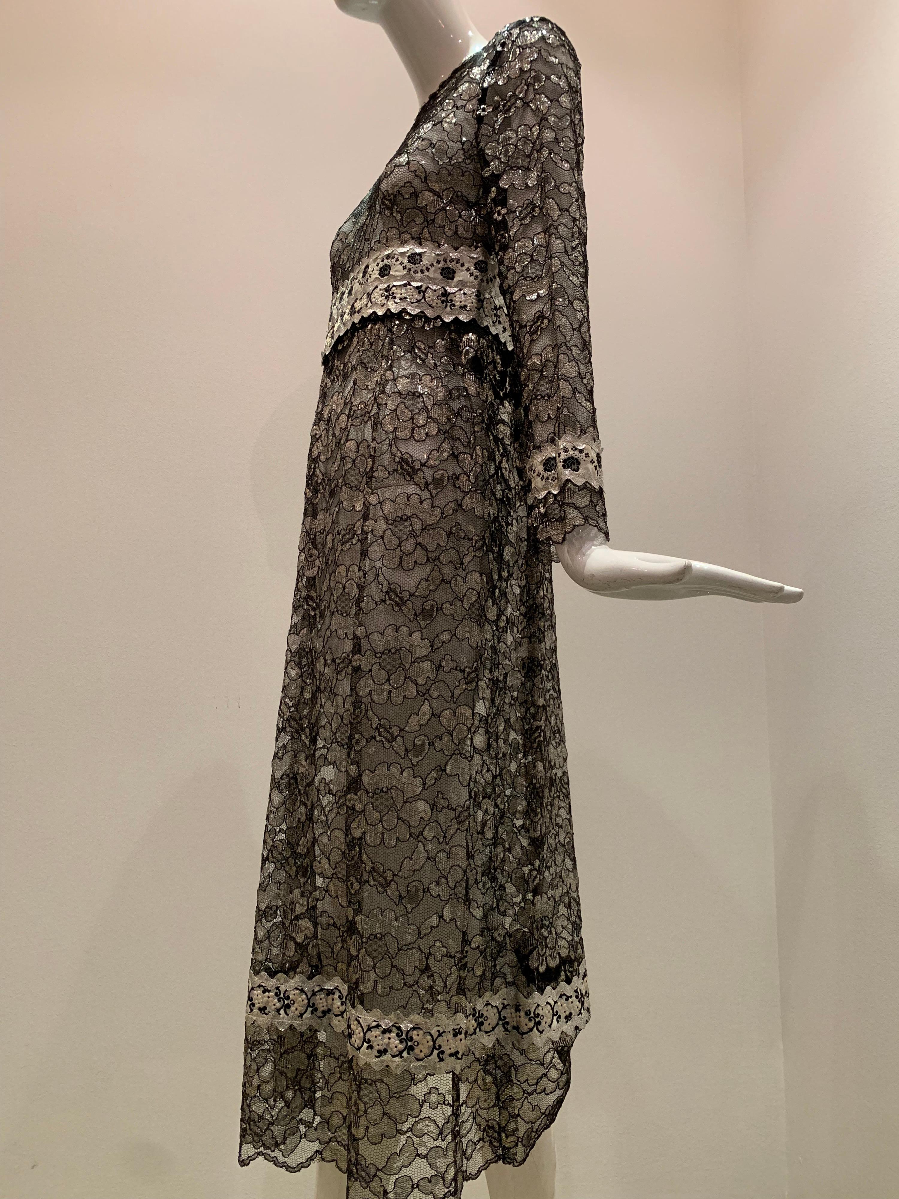 1960s Bonwit Teller Black & Silver Floral Lace Maxi Dress W/ Ribbon Empire Waist 1