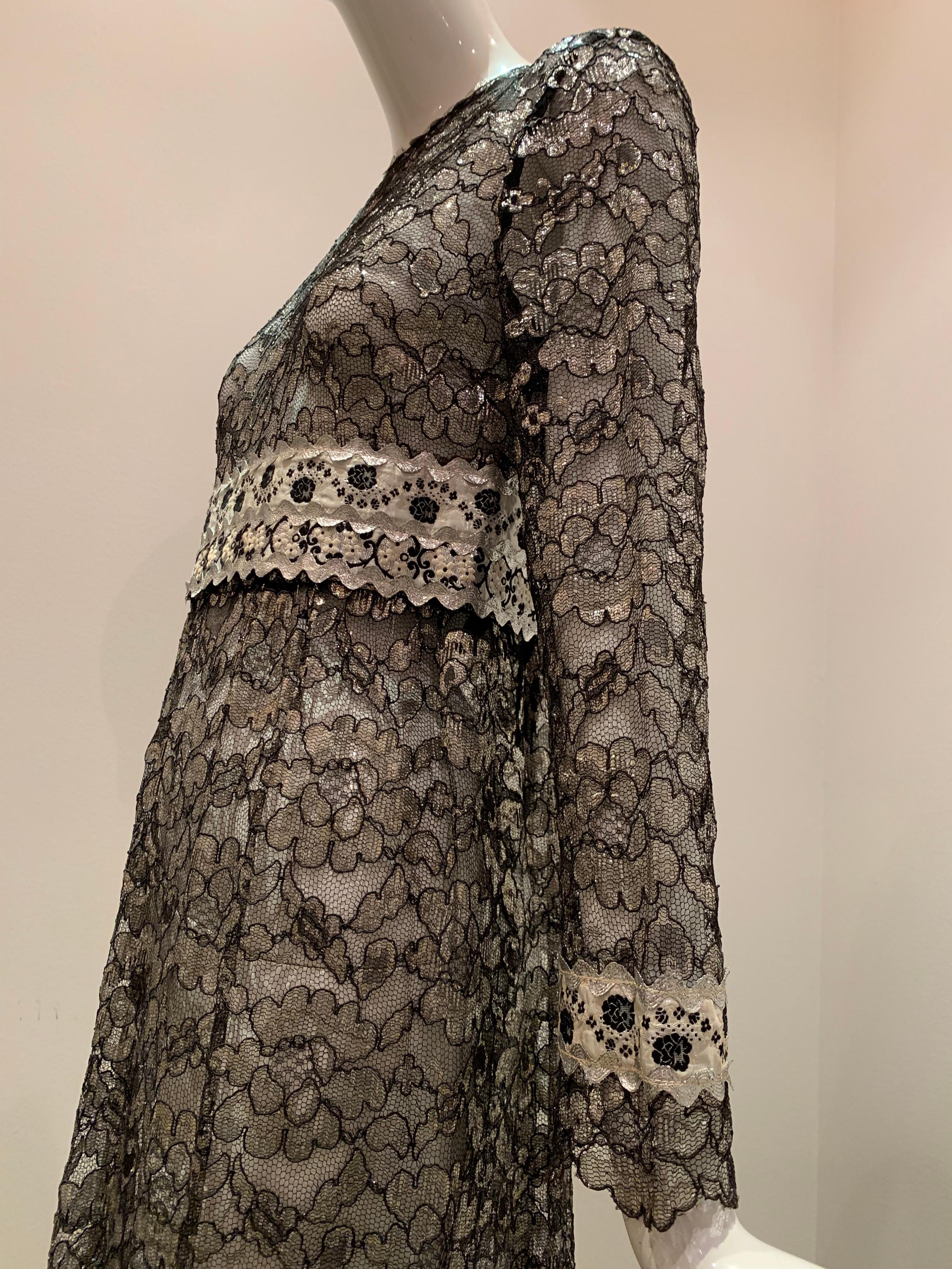 1960s Bonwit Teller Black & Silver Floral Lace Maxi Dress W/ Ribbon Empire Waist 2