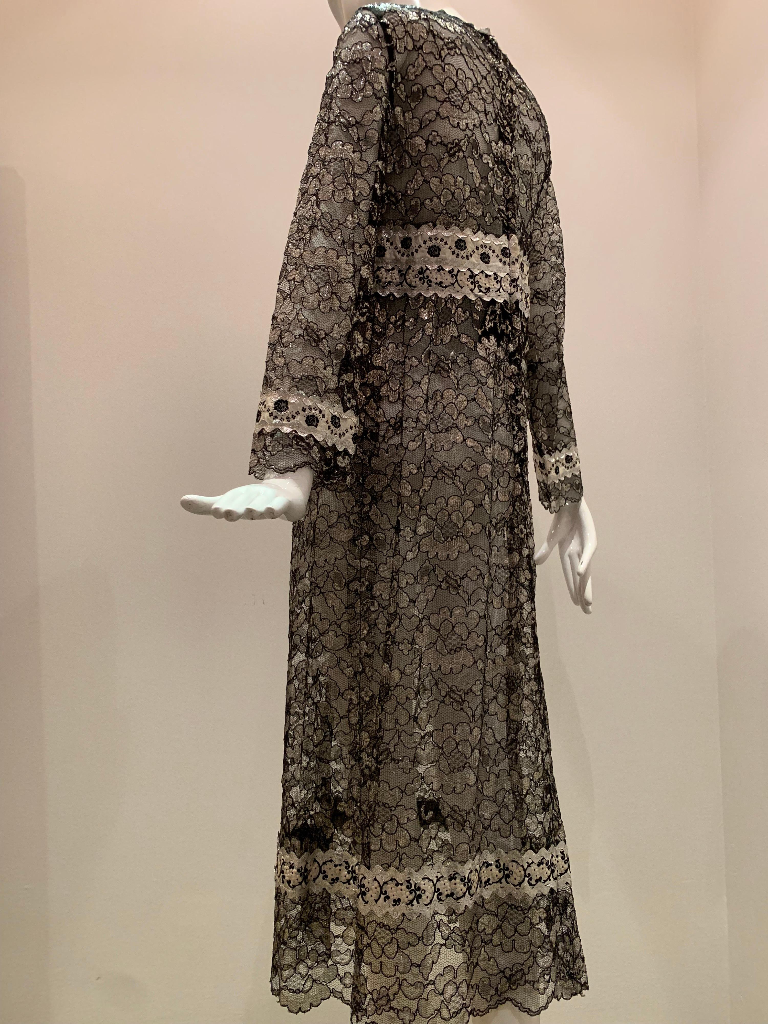 1960s Bonwit Teller Black & Silver Floral Lace Maxi Dress W/ Ribbon Empire Waist 3