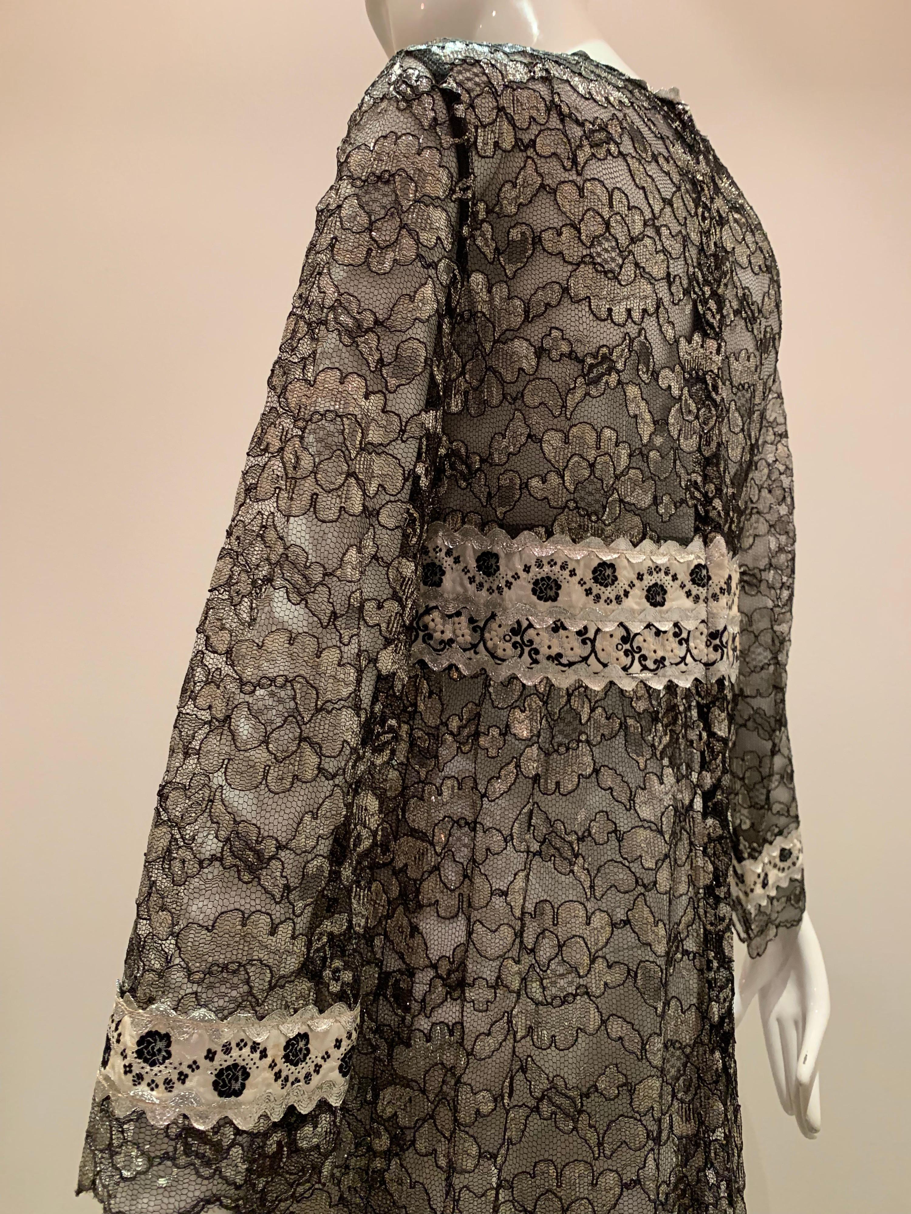 1960s Bonwit Teller Black & Silver Floral Lace Maxi Dress W/ Ribbon Empire Waist 4