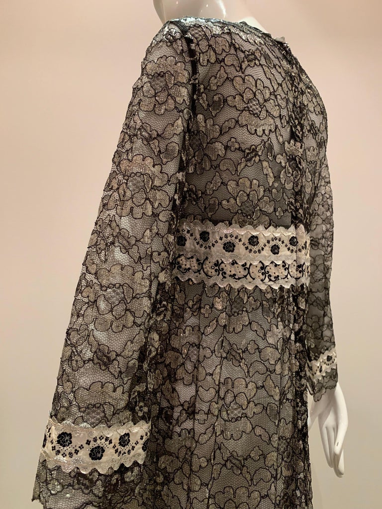 1960s Bonwit Teller Black & Silver Floral Lace Maxi Dress W/ Ribbon Empire Waist 5