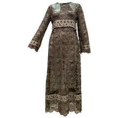 Retro 1960s Bonwit Teller Black & Silver Floral Lace Maxi Dress W/ Ribbon Empire Waist