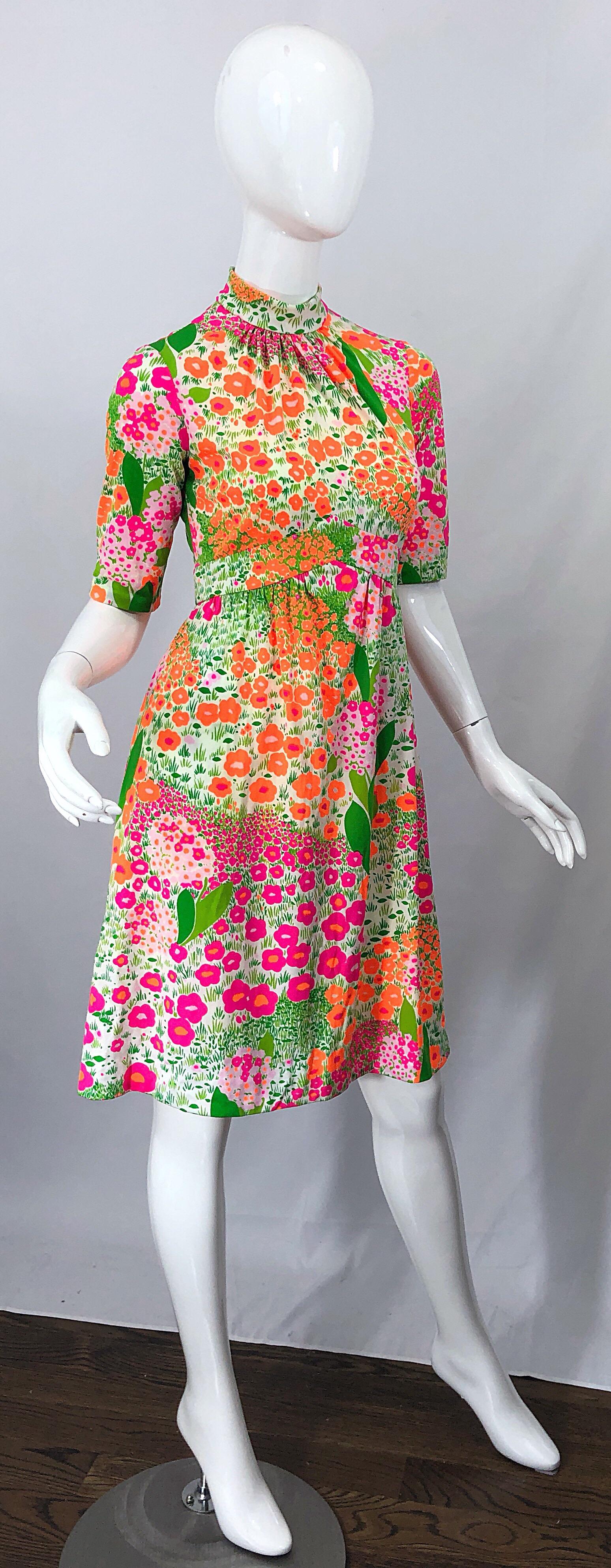 1960s Bonwit Teller Bright Flower Print Empire Waist High Neck Vintage 60s Dress 2