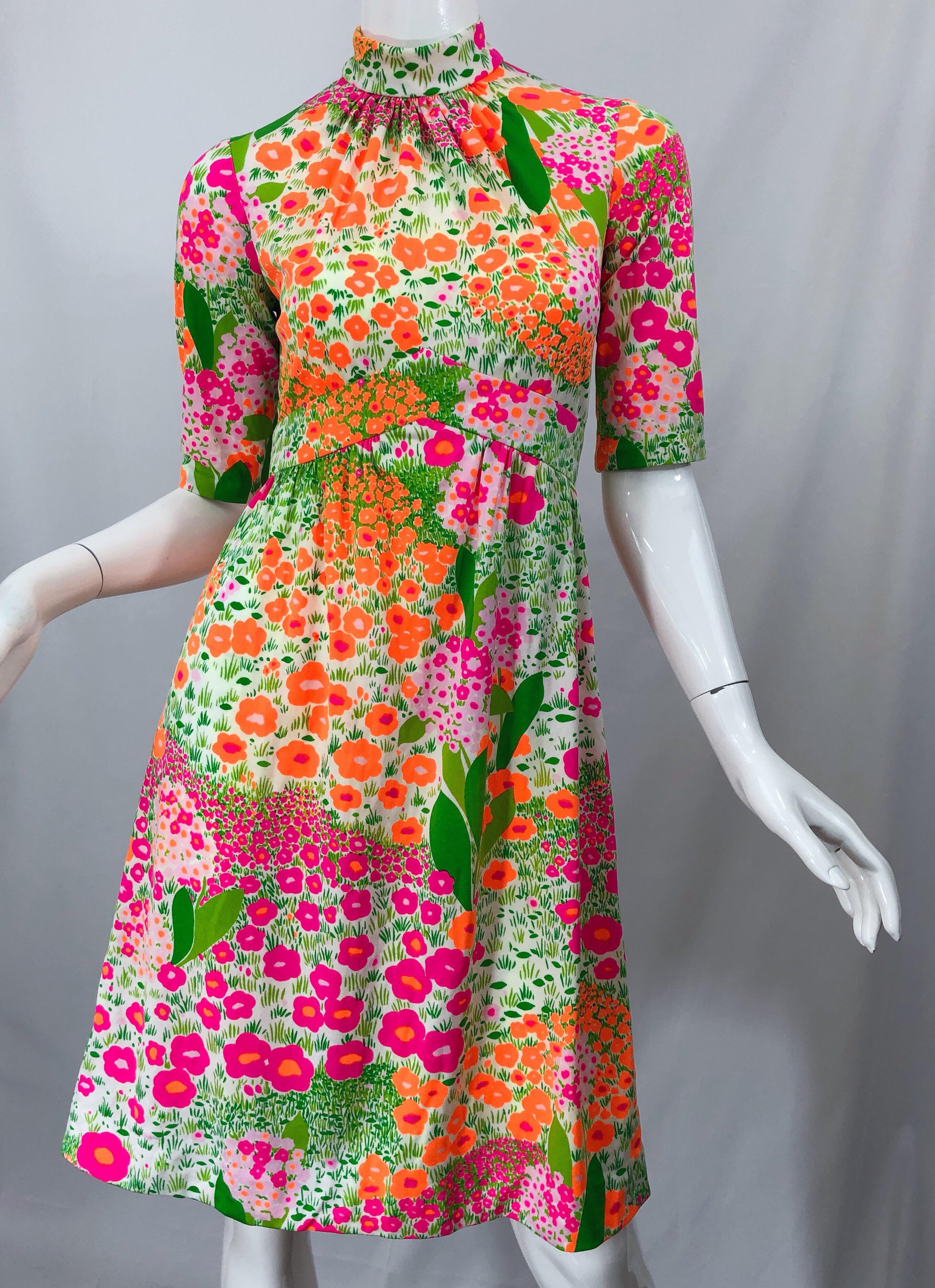 1960s Bonwit Teller Bright Flower Print Empire Waist High Neck Vintage 60s Dress 3