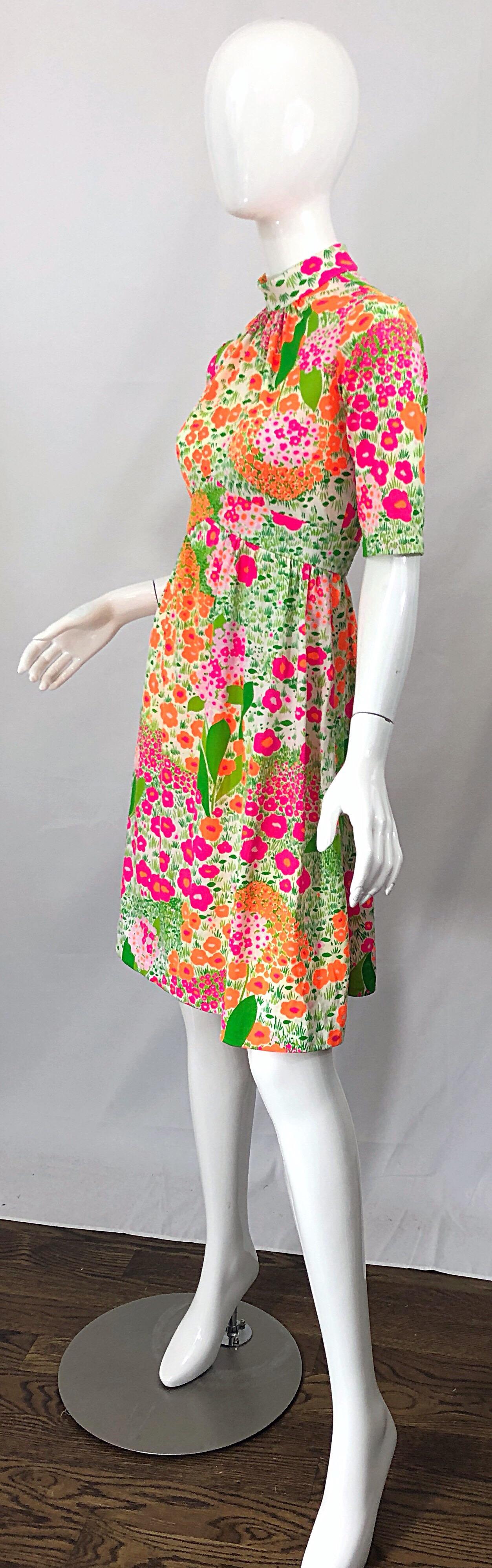 1960s Bonwit Teller Bright Flower Print Empire Waist High Neck Vintage 60s Dress 4