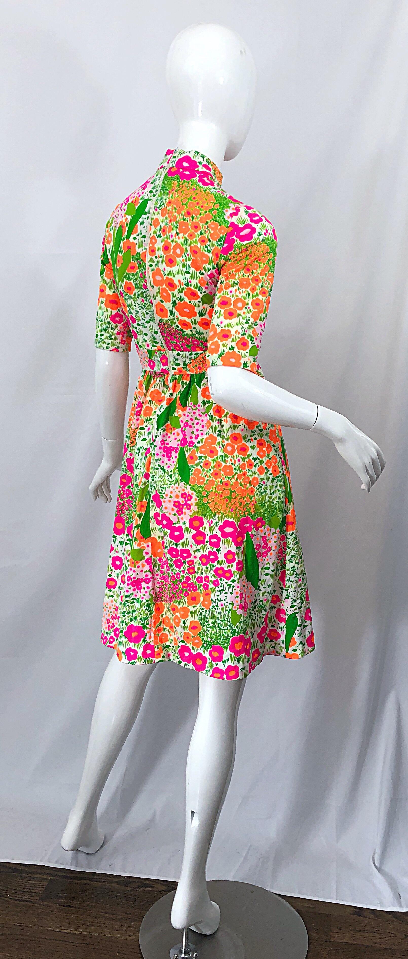 1960s Bonwit Teller Bright Flower Print Empire Waist High Neck Vintage 60s Dress 5