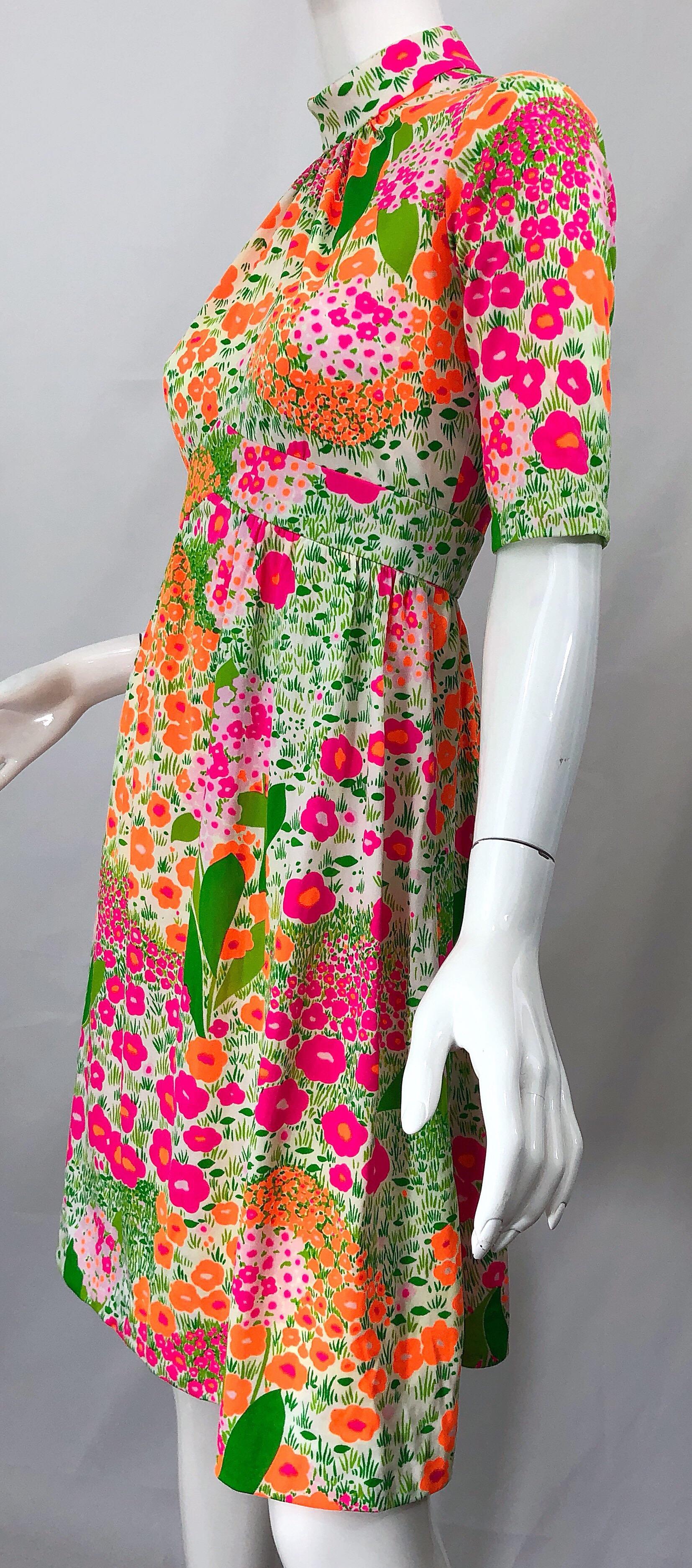 1960s Bonwit Teller Bright Flower Print Empire Waist High Neck Vintage 60s Dress 6