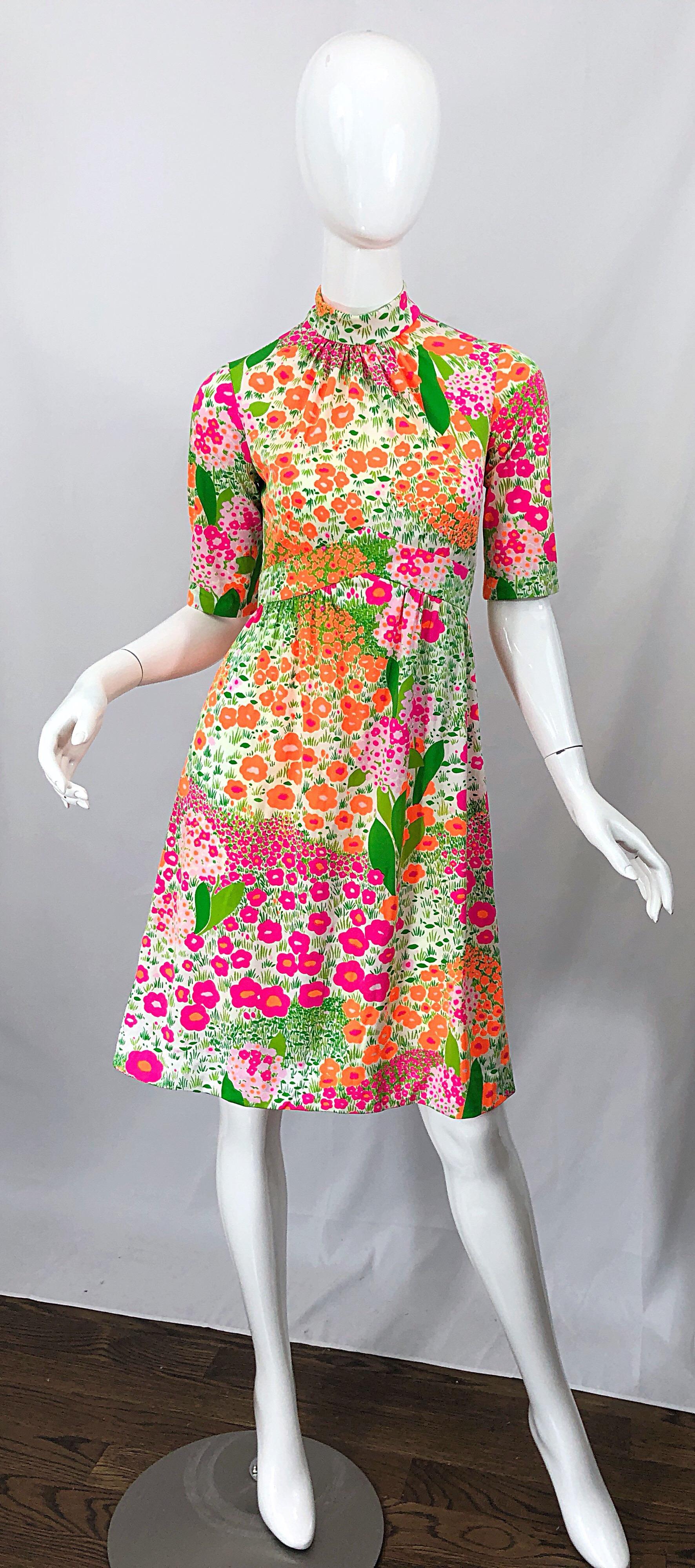 1960s Bonwit Teller Bright Flower Print Empire Waist High Neck Vintage 60s Dress 7