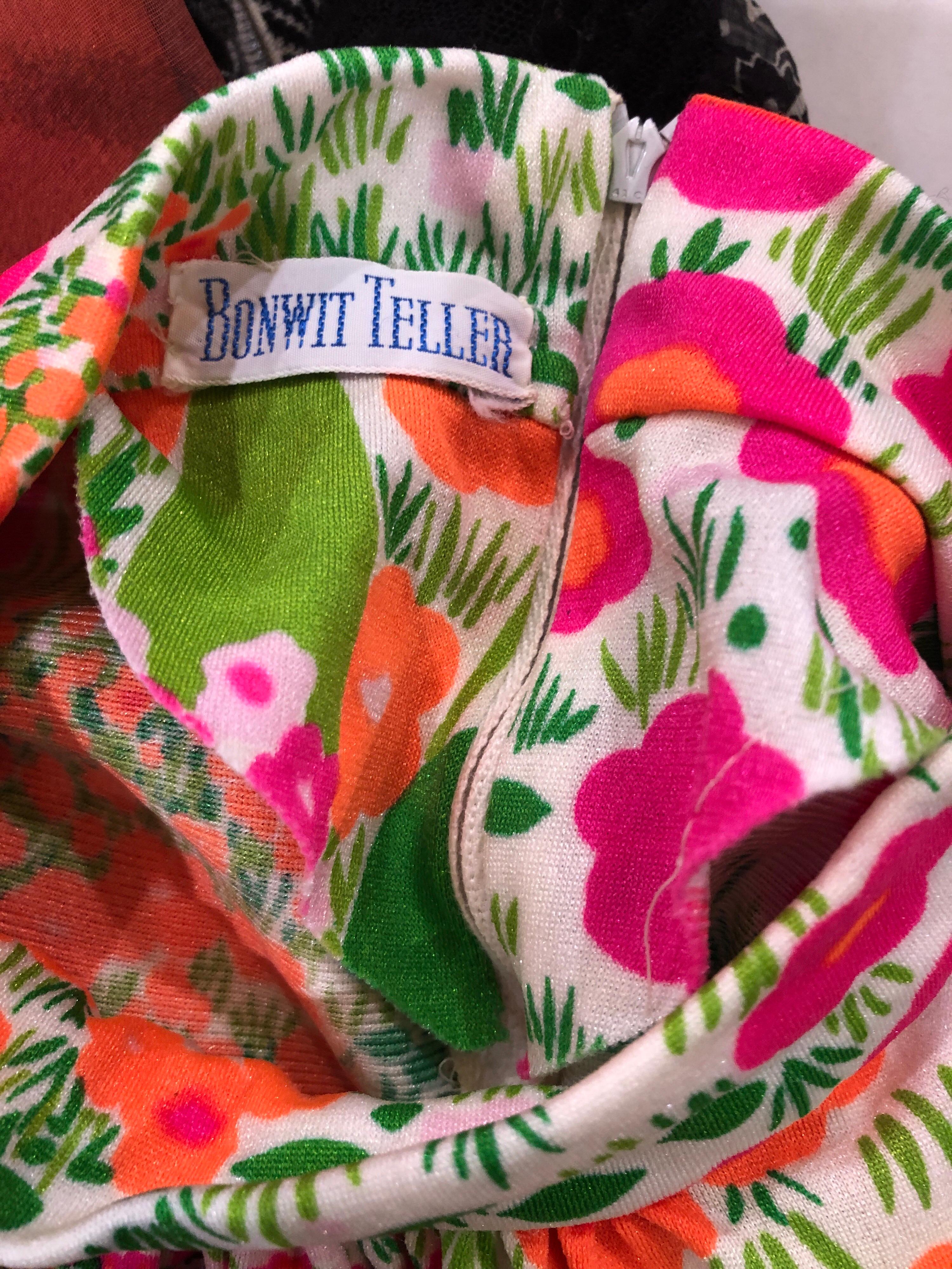 1960s Bonwit Teller Bright Flower Print Empire Waist High Neck Vintage 60s Dress 8