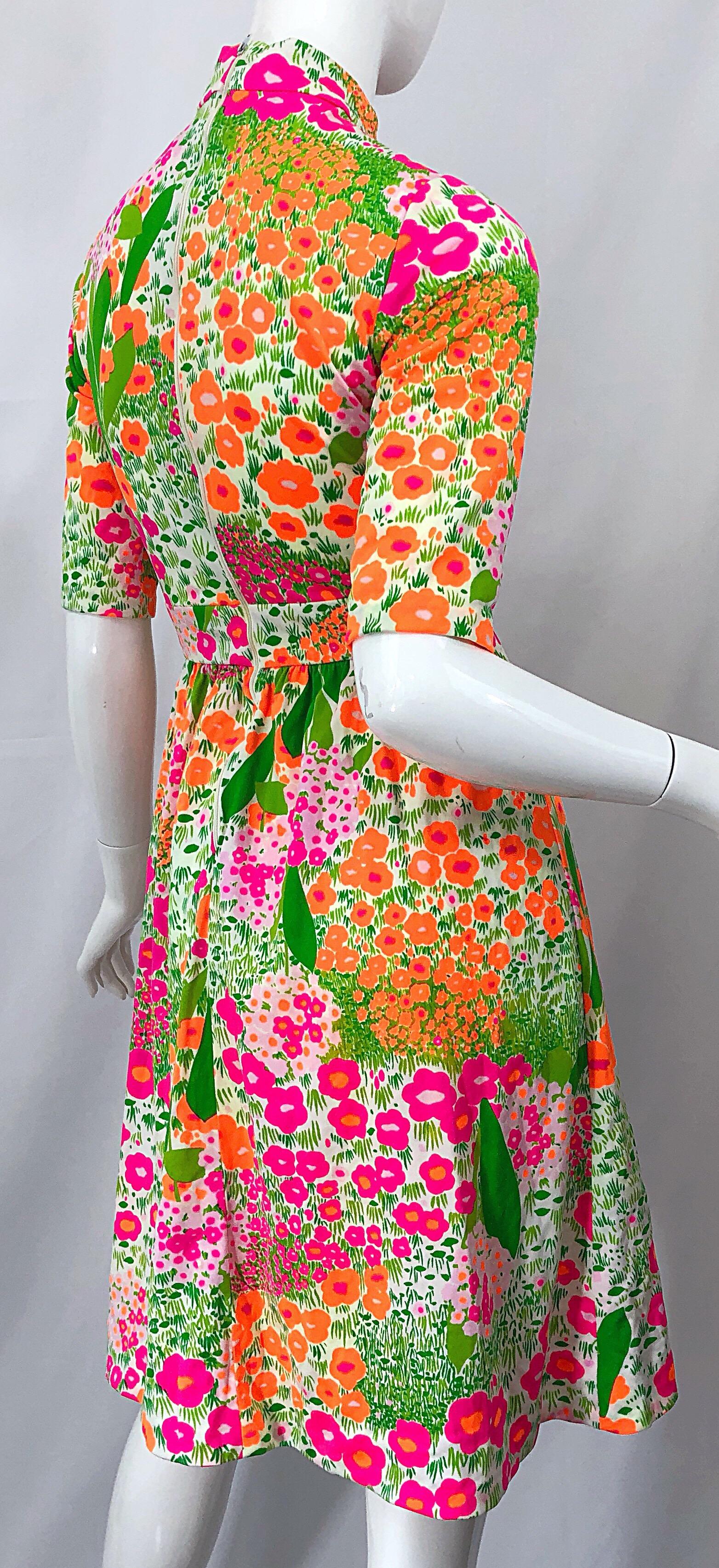 Women's 1960s Bonwit Teller Bright Flower Print Empire Waist High Neck Vintage 60s Dress