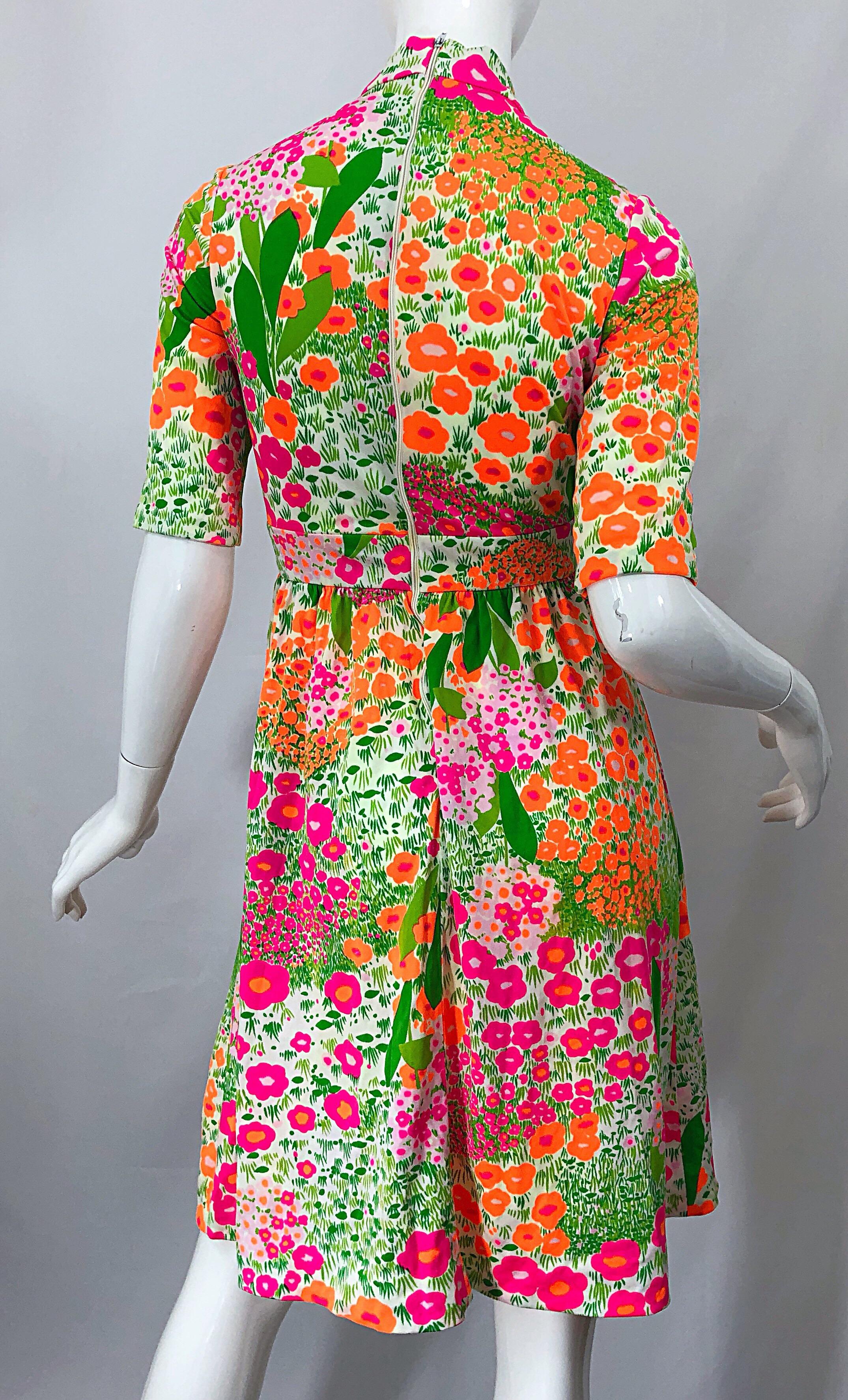 1960s Bonwit Teller Bright Flower Print Empire Waist High Neck Vintage 60s Dress 1