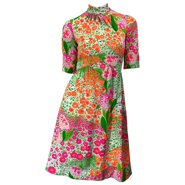 1960s Bonwit Teller Bright Flower Print Empire Waist High Neck Vintage 60s  Dress at 1stDibs | 60s vintage dresses, bright flower dress, 1960 dress