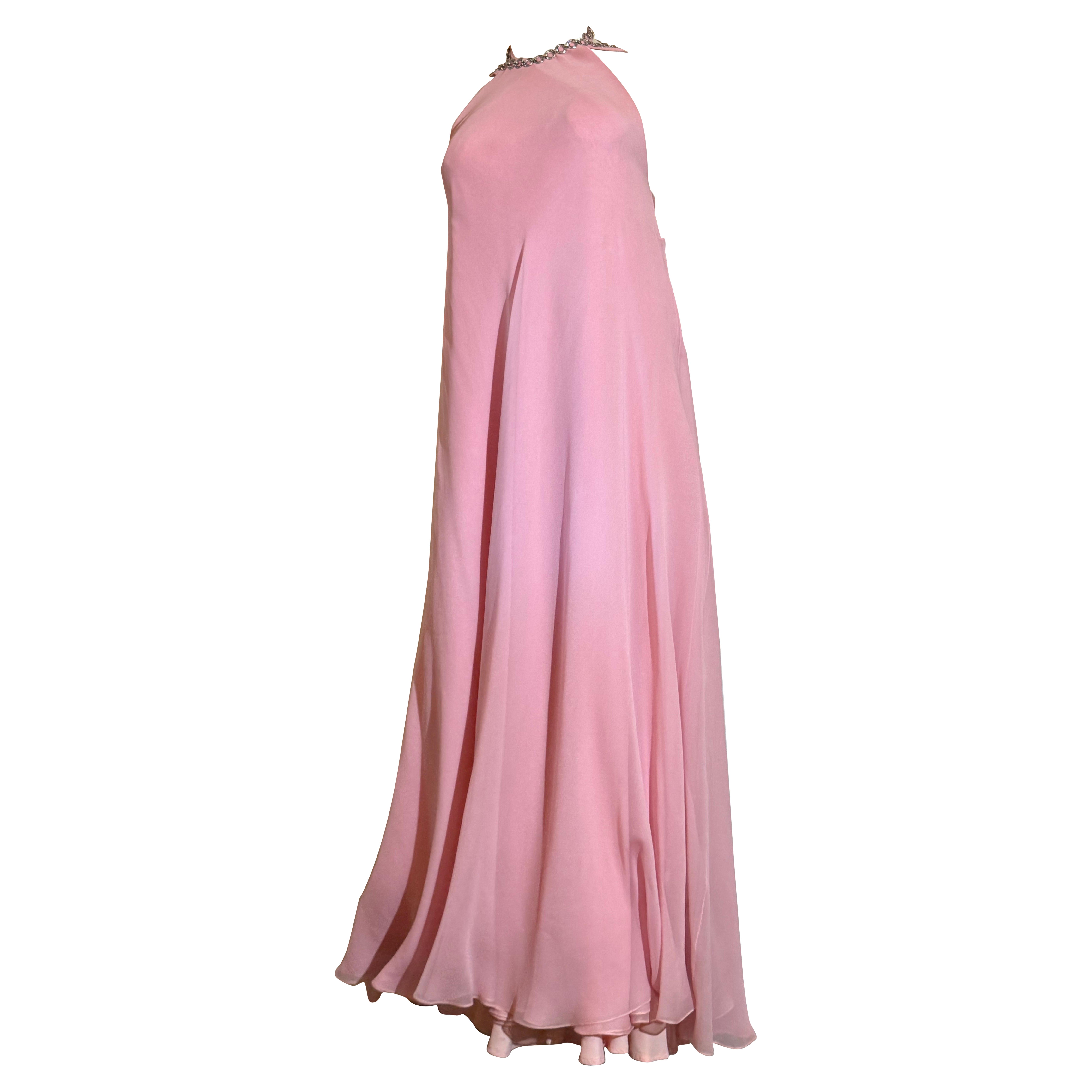 1960er BONWIT TELLER Rosa Seide Chiffon Bias Kleid mit Strass verschönert Riemen