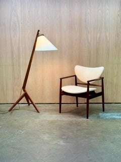 1960er Boomerang Stehlampe aus Teakholz und Stoffschirm