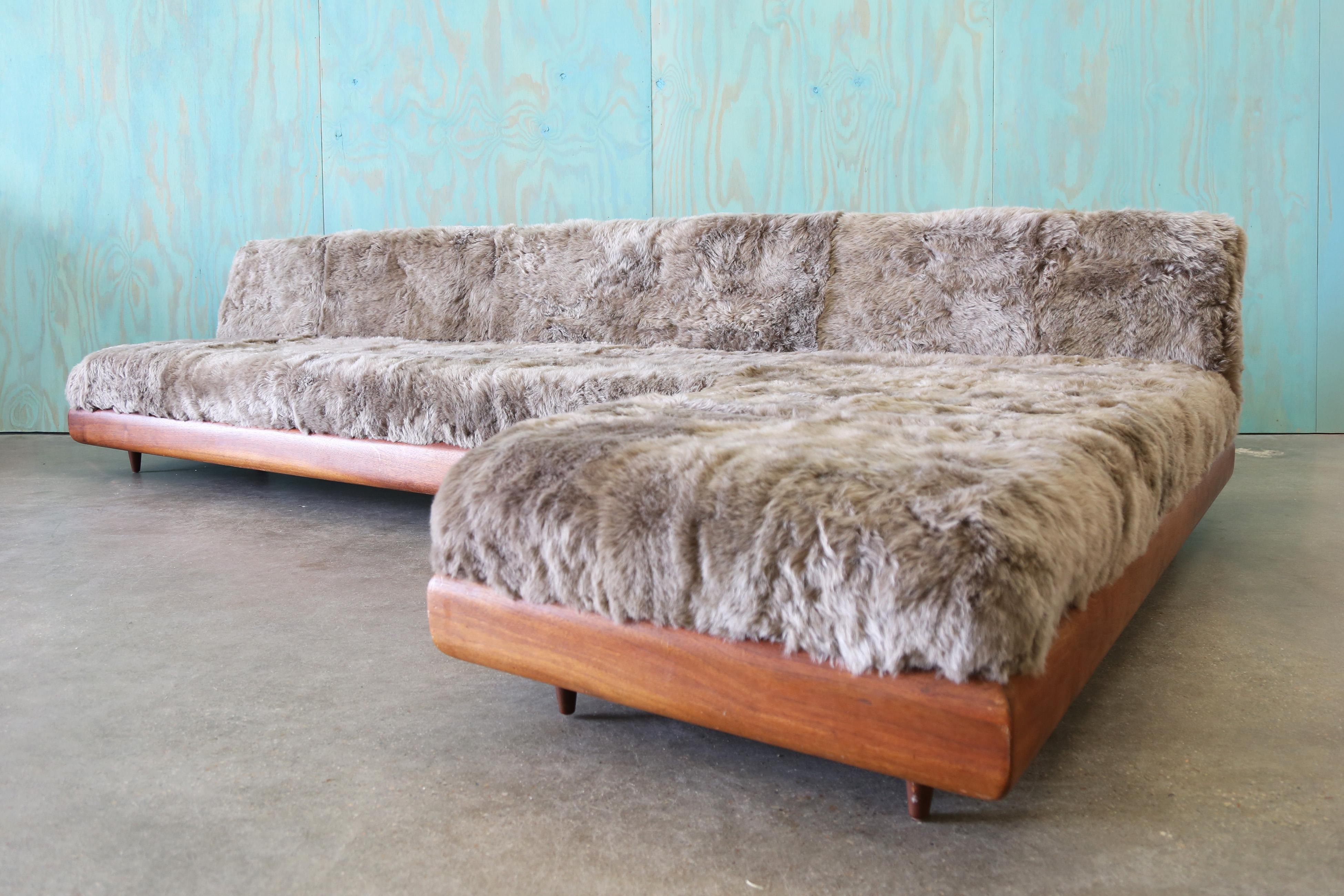 Uncommon one piece sofa designed by Adrian Pearsall for Craft Associates in the 1960s.  This sofa came from the original owners outside of Asbury Park in New Jersey. Fully restored with new strapping, foam and icelandic sheep fur in a taupe