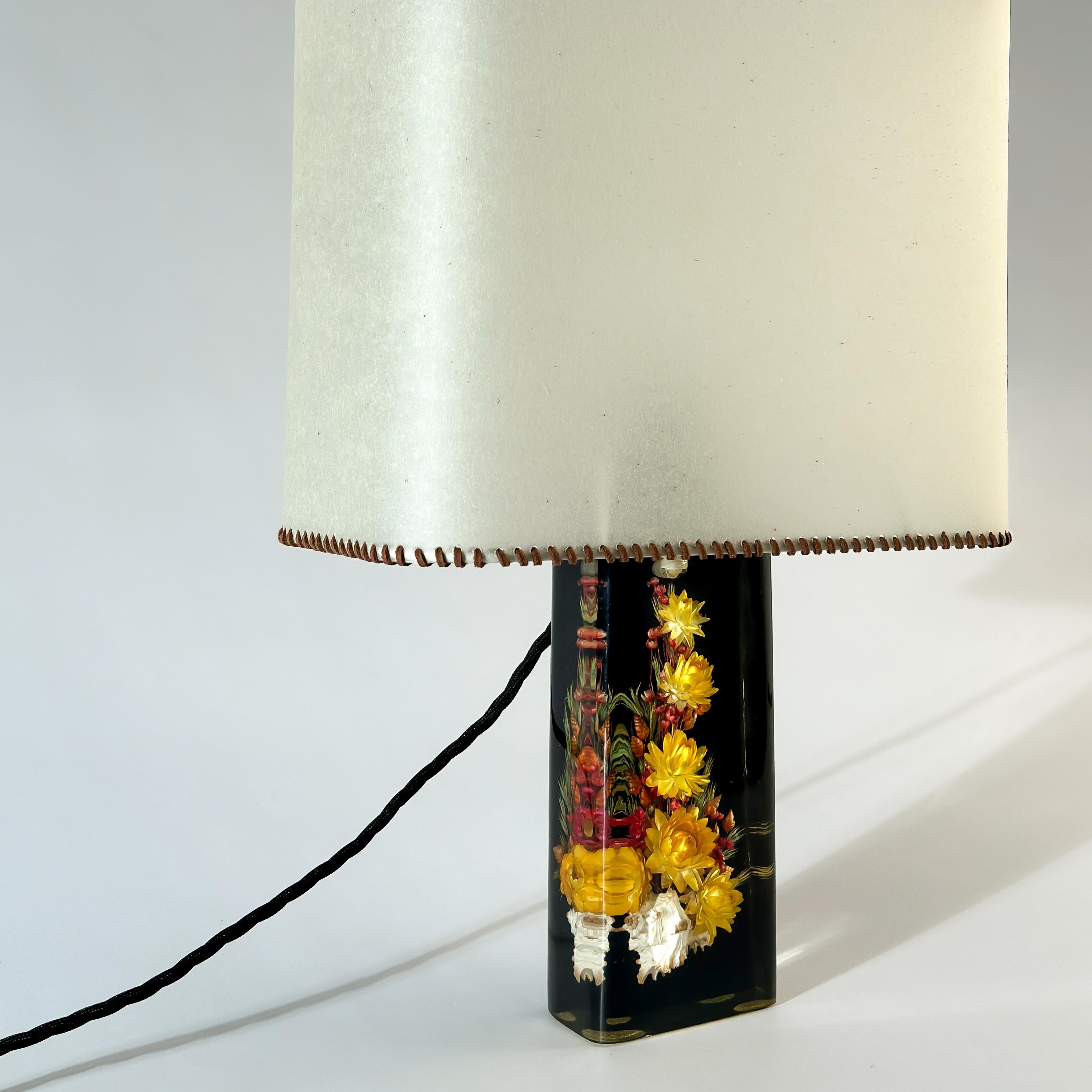 British Black Resin Table Lamp with Parchment Lampshade c. 1960s For Sale